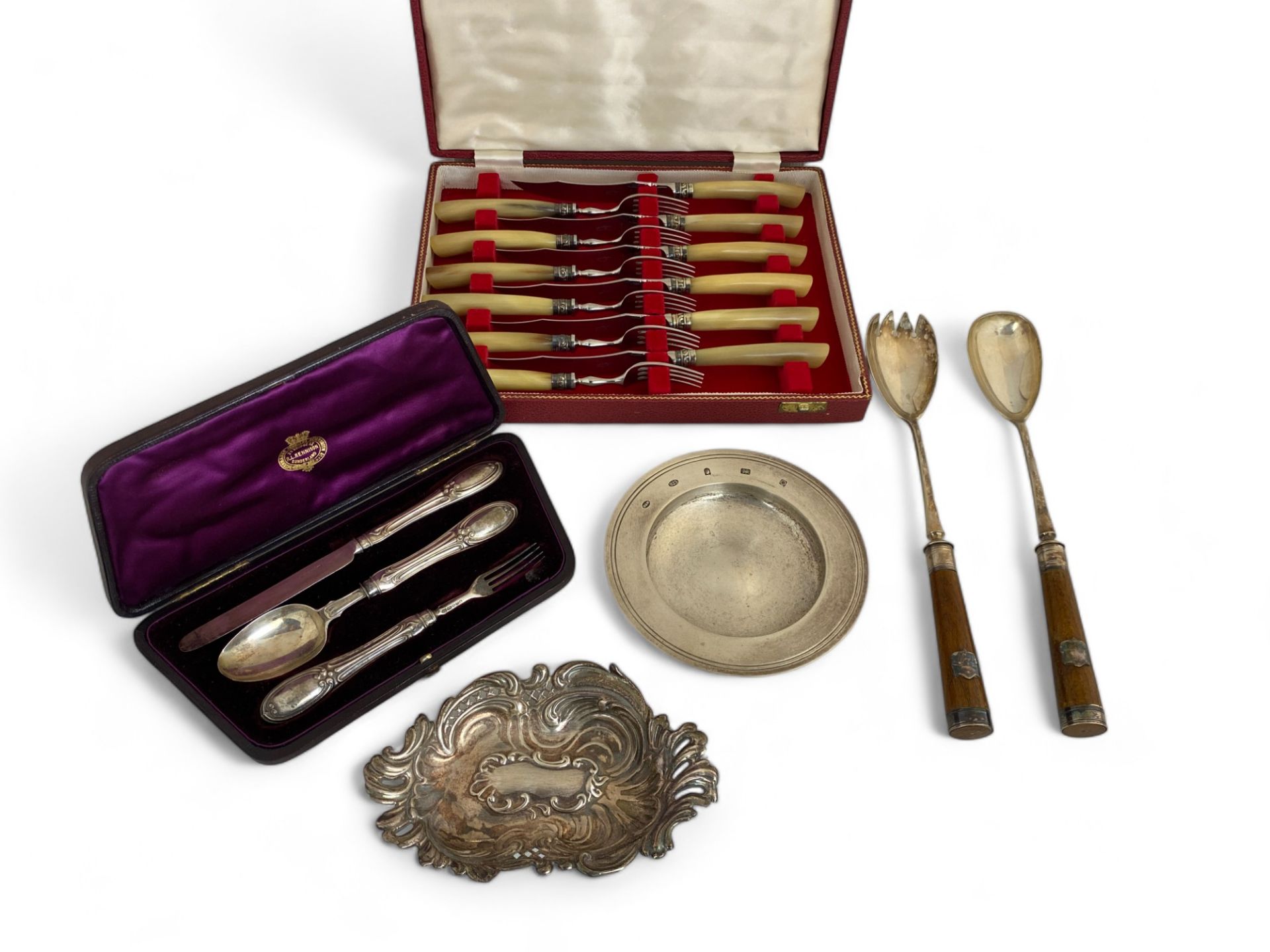 Two silver dishes, a cased set of silver child's cutlery, an early 20th century cased bone handled s - Image 2 of 16