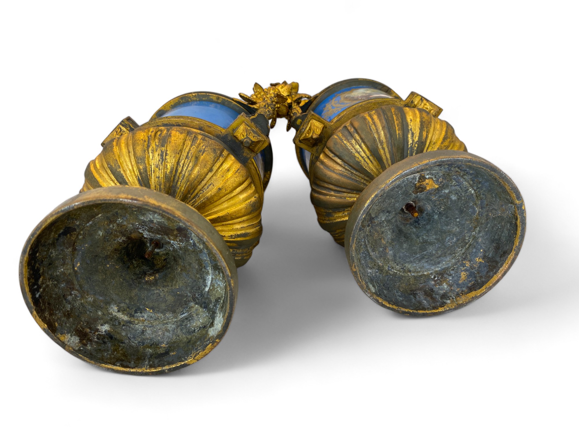 A pair of 19th century French gilt bronze mounted Sevres style turquoise glazed porcelain urns and c - Image 10 of 15