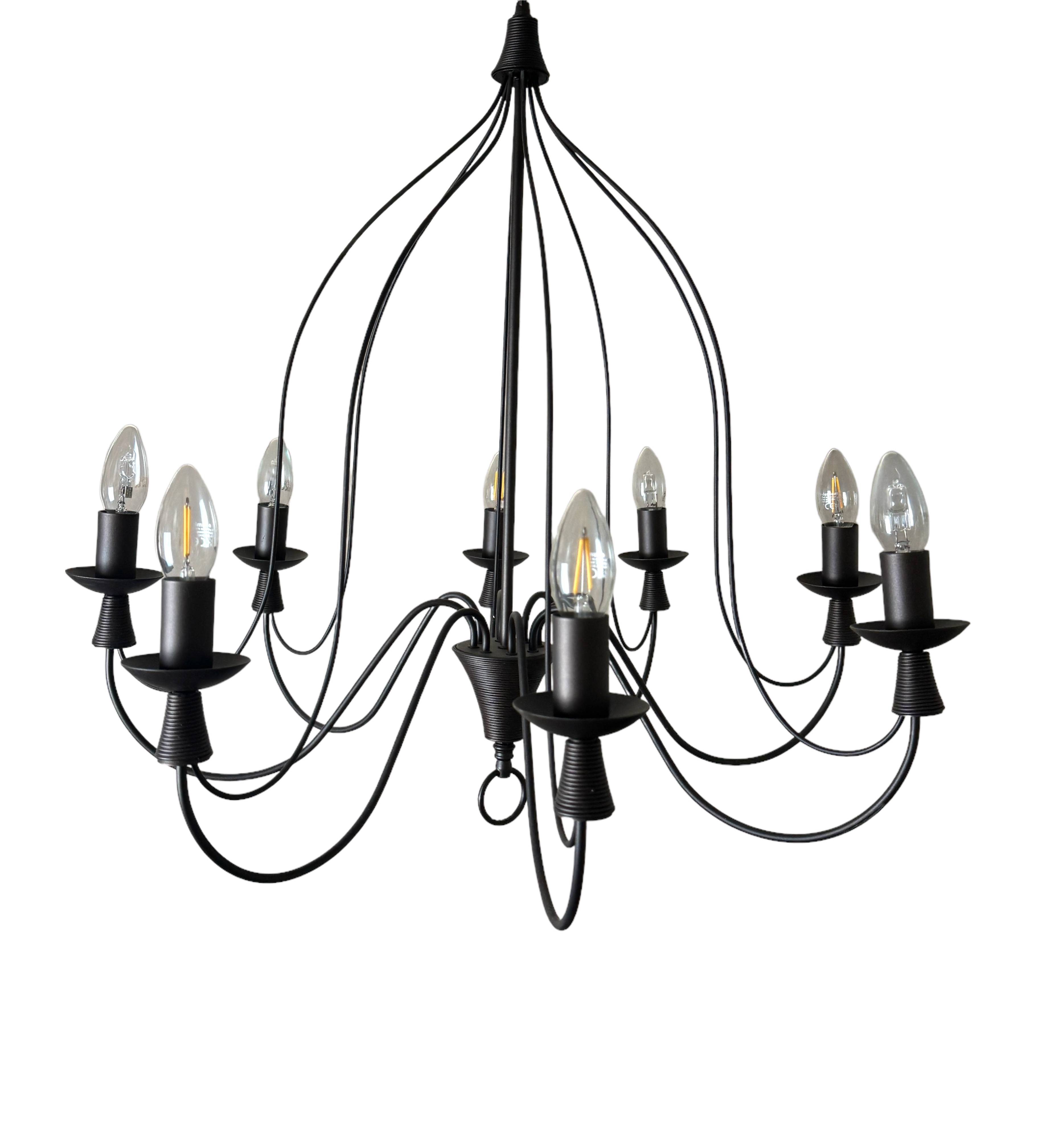 A contemporary black painted eight branch chandelier