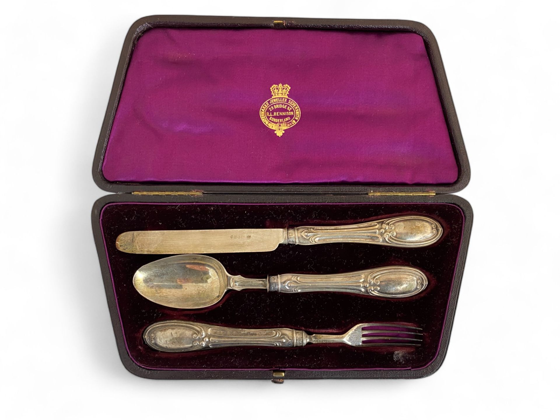 Two silver dishes, a cased set of silver child's cutlery, an early 20th century cased bone handled s - Image 8 of 16