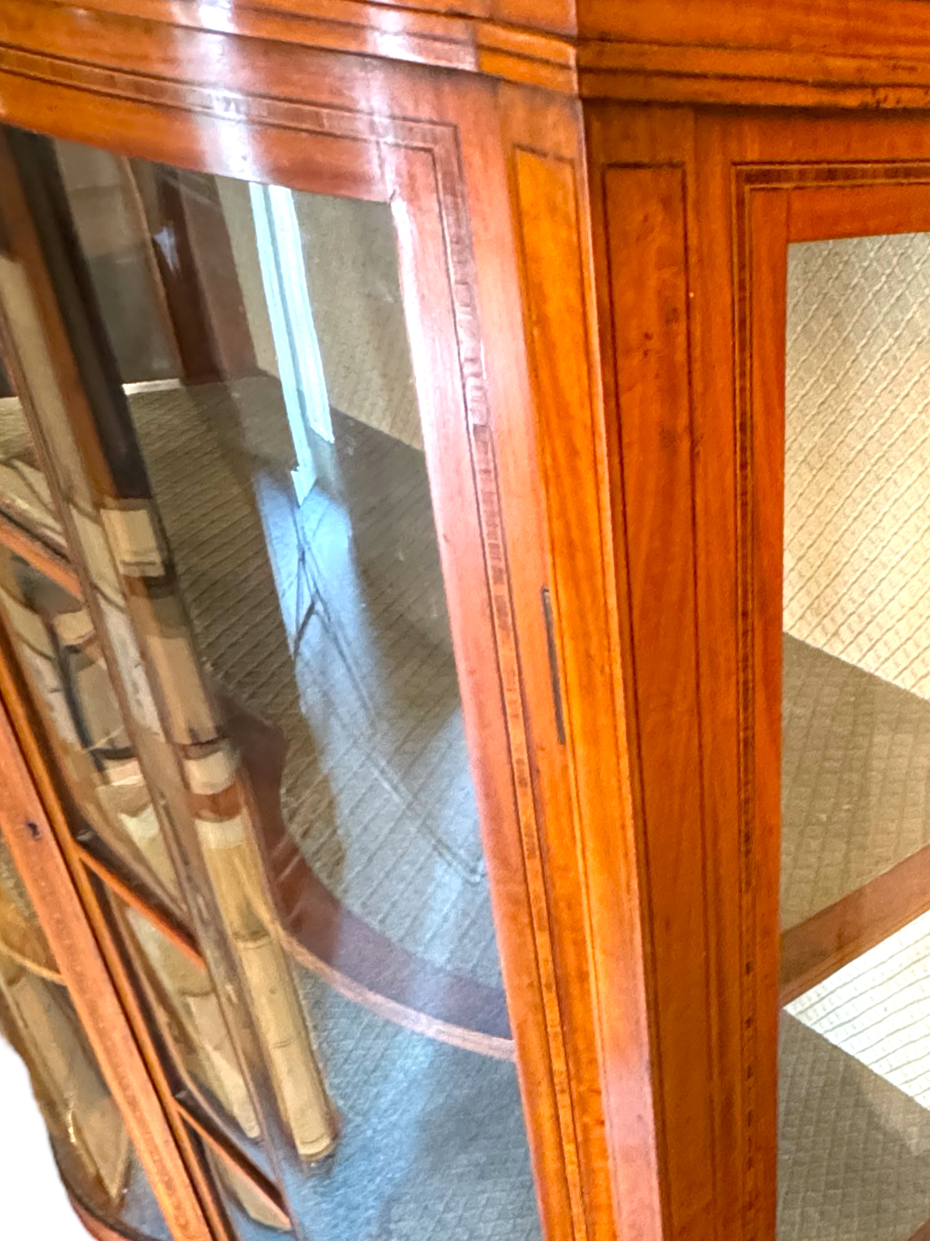 An Edwardian satinwood double bowfront display cabinet / vitrine - Image 3 of 5