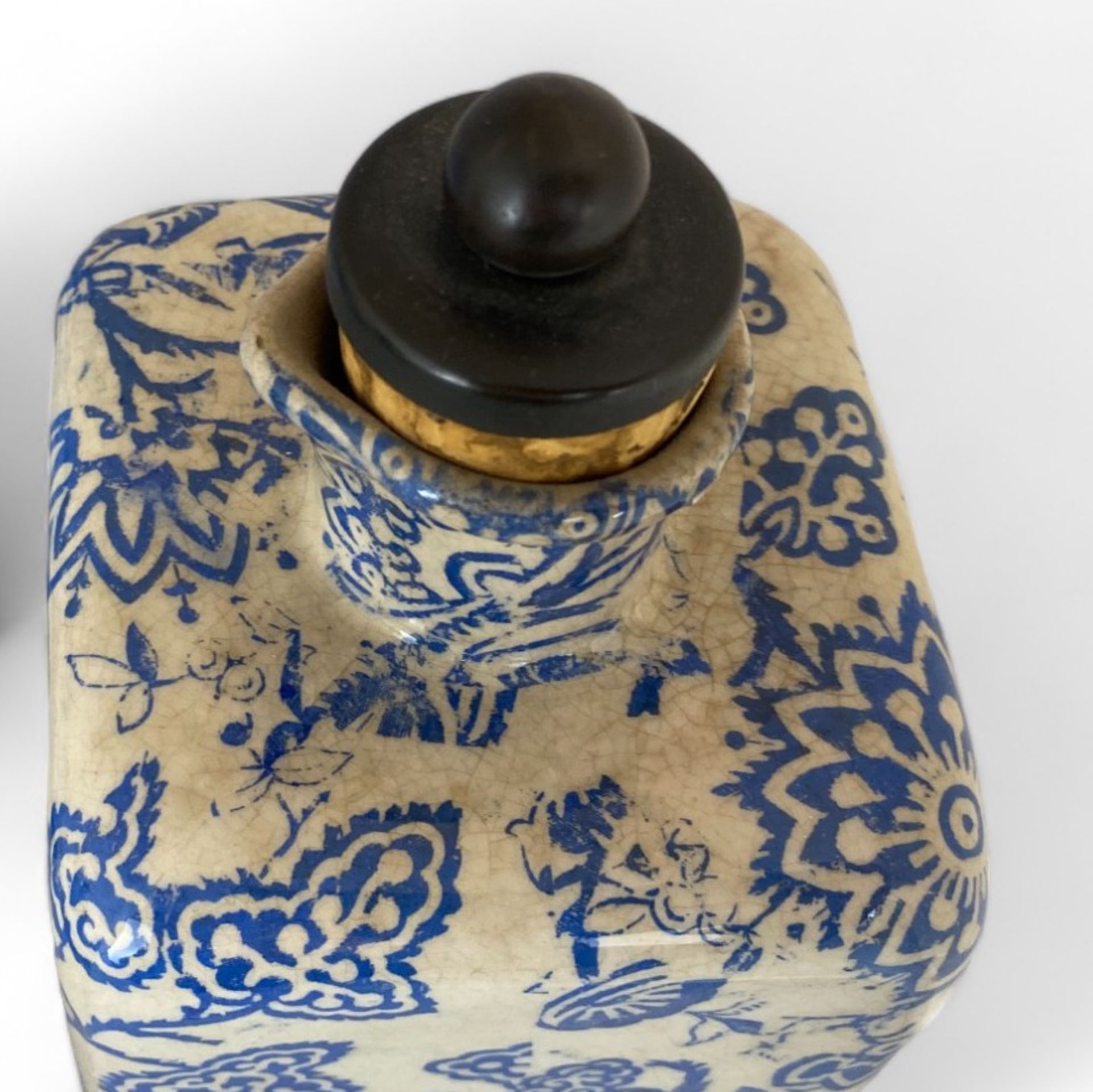 Two pairs of Liberty's blue and white foliate transfer printed bottles on Chinese hardwood stands - Image 5 of 7