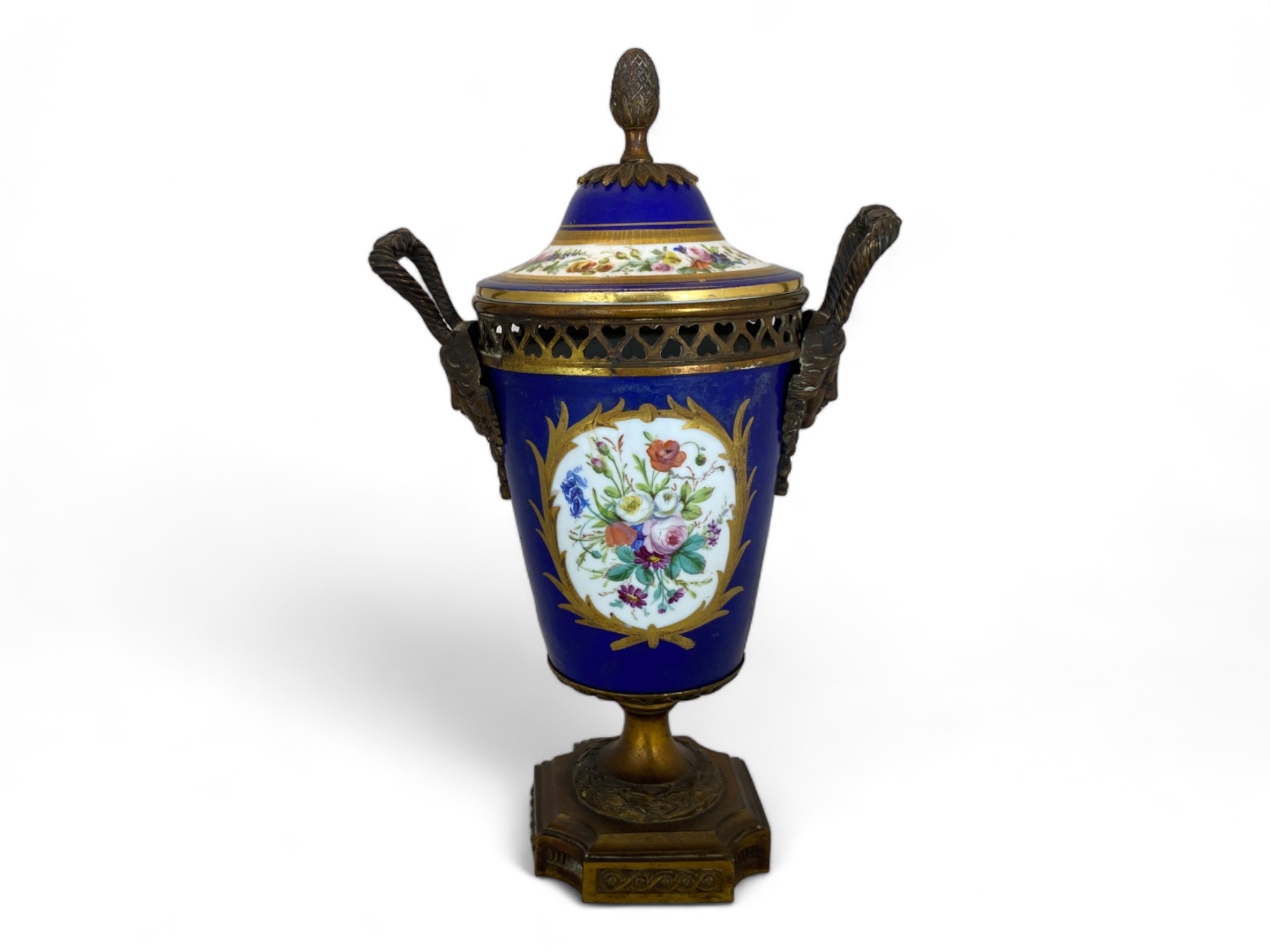 A 19th century Sèvres style porcelain and gilt bronze mounted beau bleu cup and cover - Image 3 of 10
