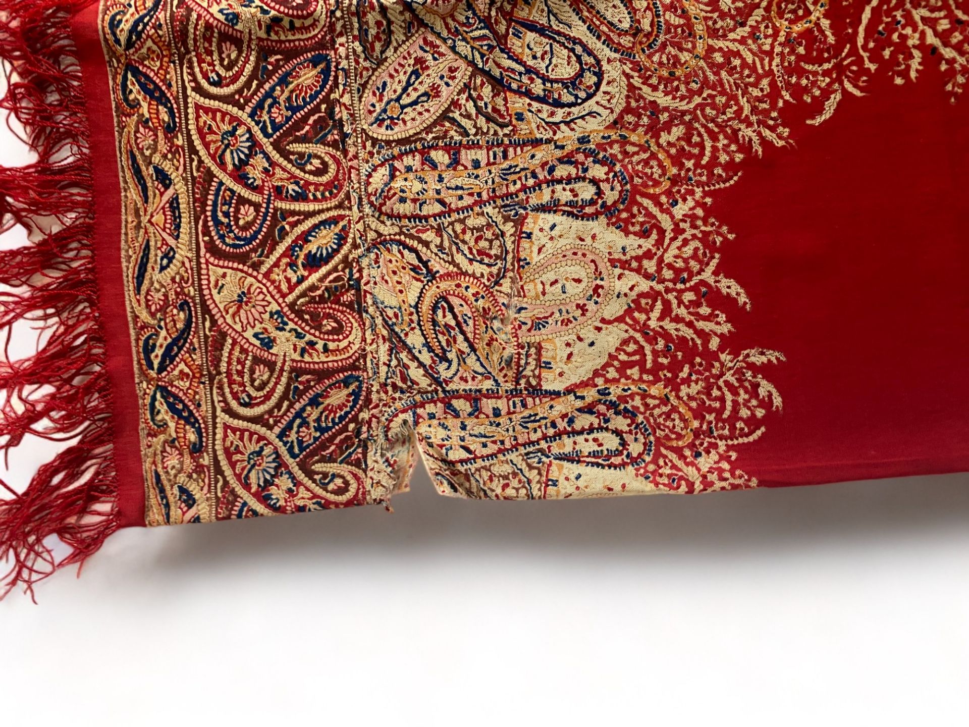 A 19th century red, brown and blue paisley cotton shawl together with another shawl - Image 6 of 13