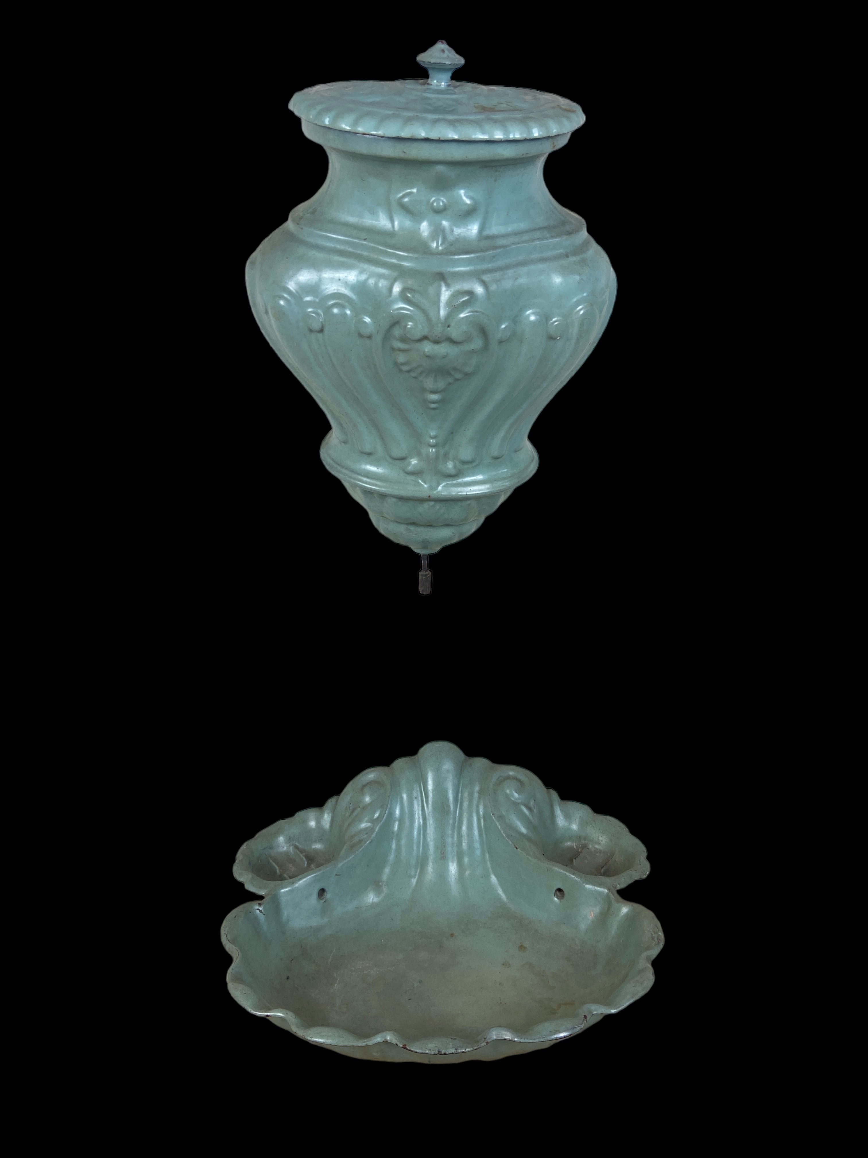 A late 19th century French light blue / green enamelled cast iron lavabo / fountain by Scellier