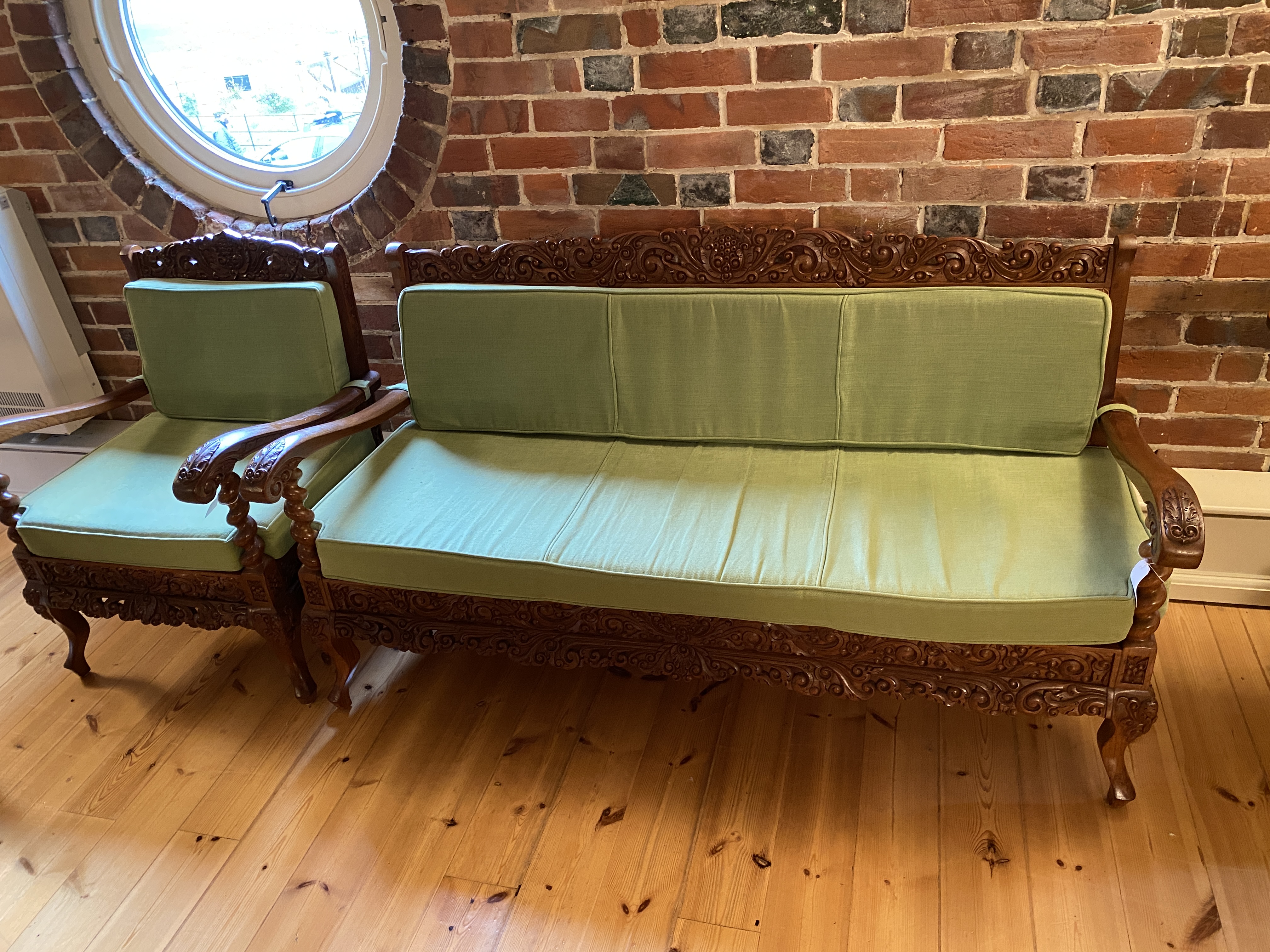 A Jepara carved hardwood four-piece salon suite comprising a settee and three armchairs - Image 4 of 9