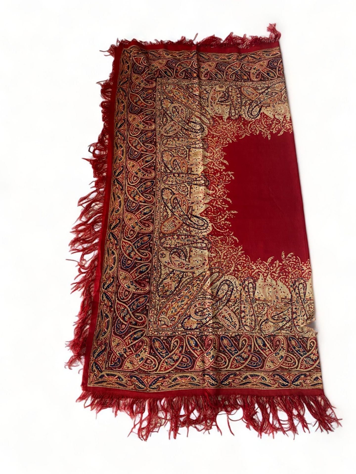 A 19th century red, brown and blue paisley cotton shawl together with another shawl - Image 5 of 13