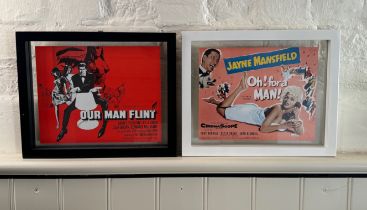 Two framed vintage mid-century cinema lobby cards, 'Oh for a Man' and 'Our Man Flint'