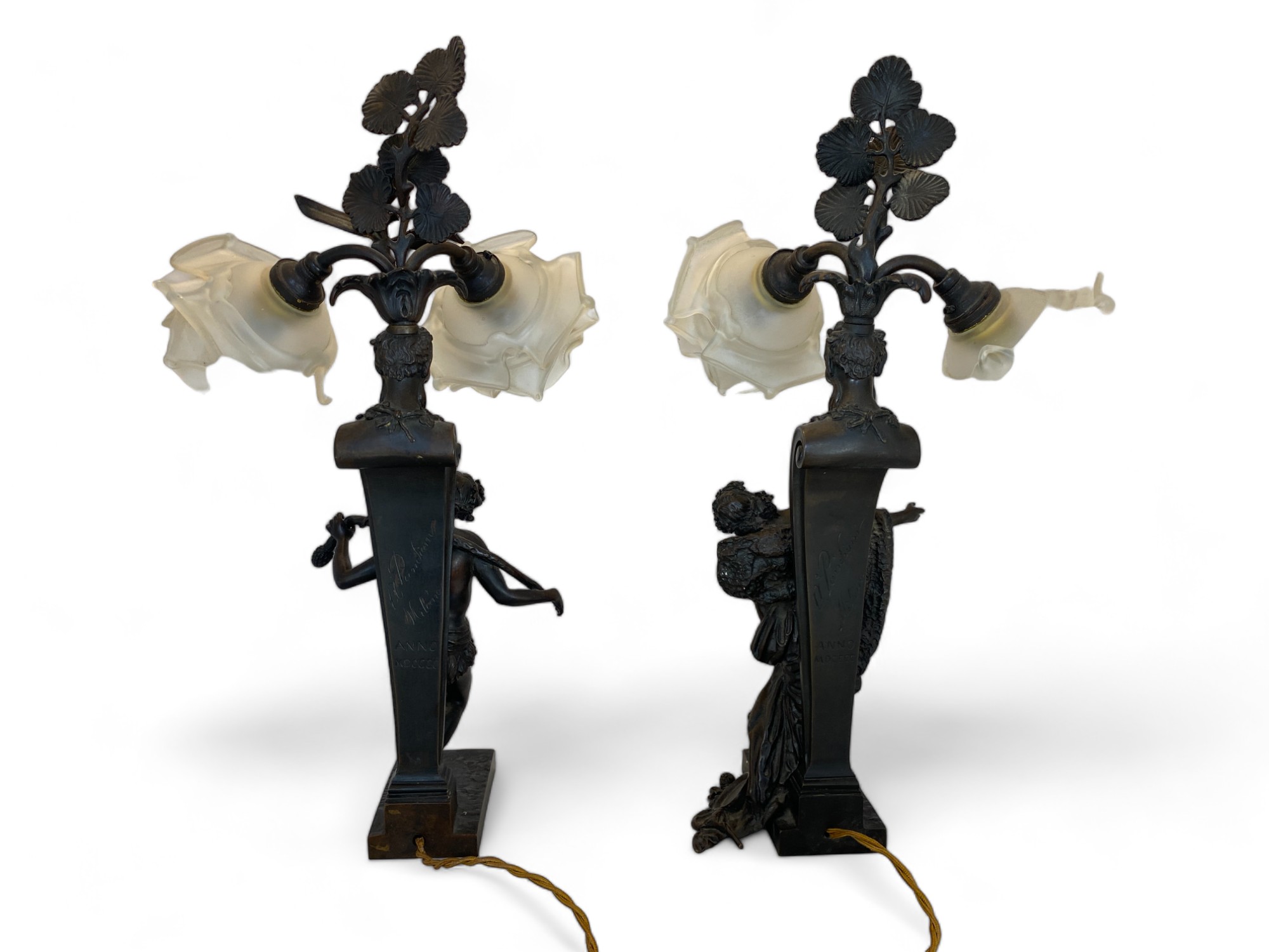 Antonio Pandiani, (Italian 1838-1928), A pair of late 19th century patinated bronze figural twin li - Image 4 of 10