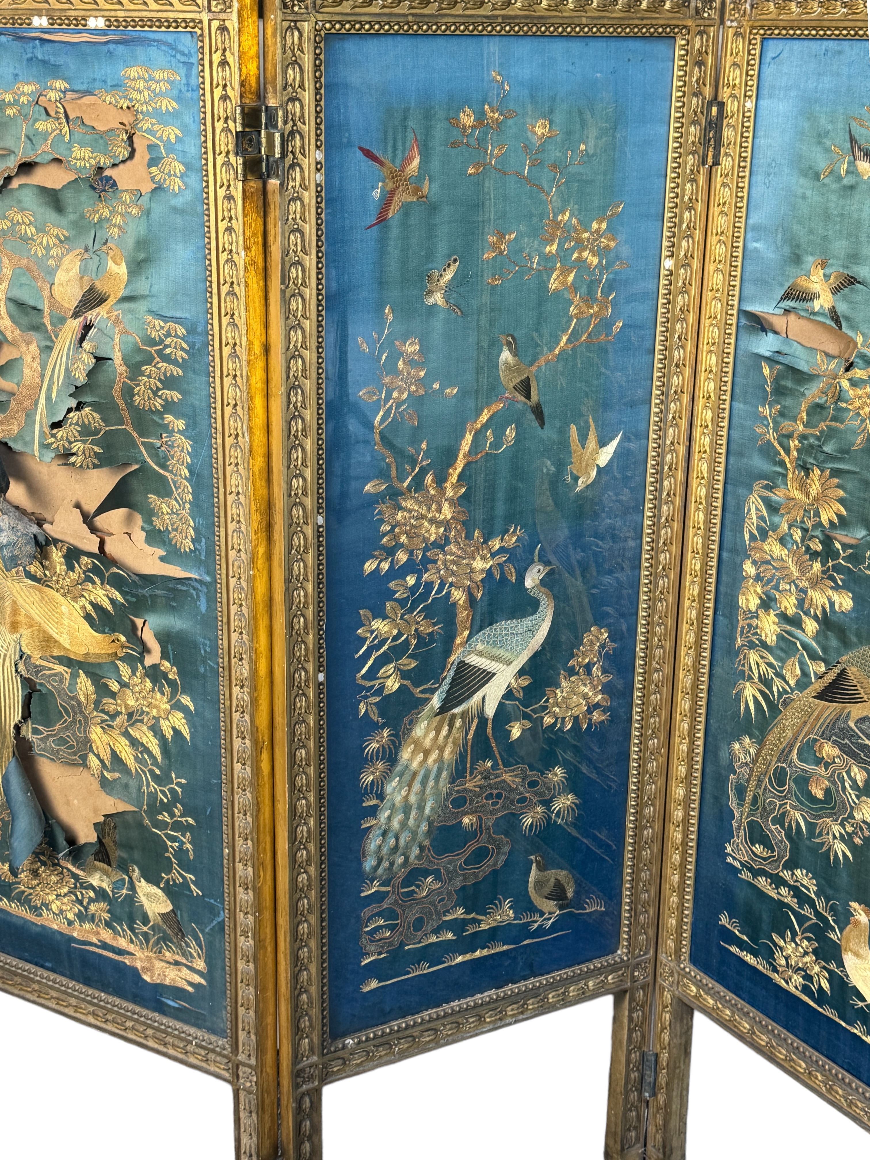 A 19th century French Louis XVI style four fold giltwood screen with panels of Chinese silk embroide - Image 2 of 5