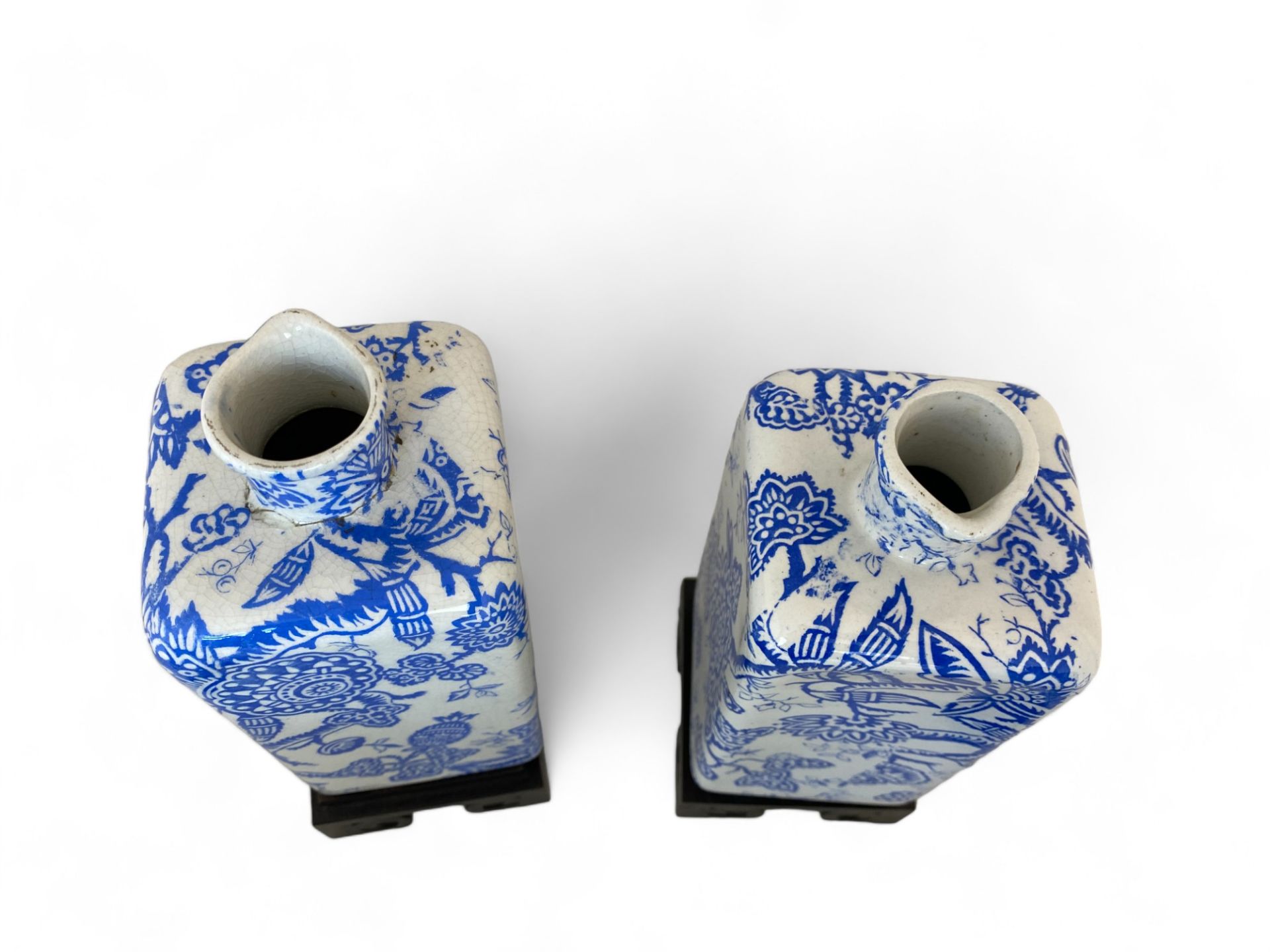 Two pairs of Liberty's blue and white foliate transfer printed bottles on Chinese hardwood stands - Image 6 of 7