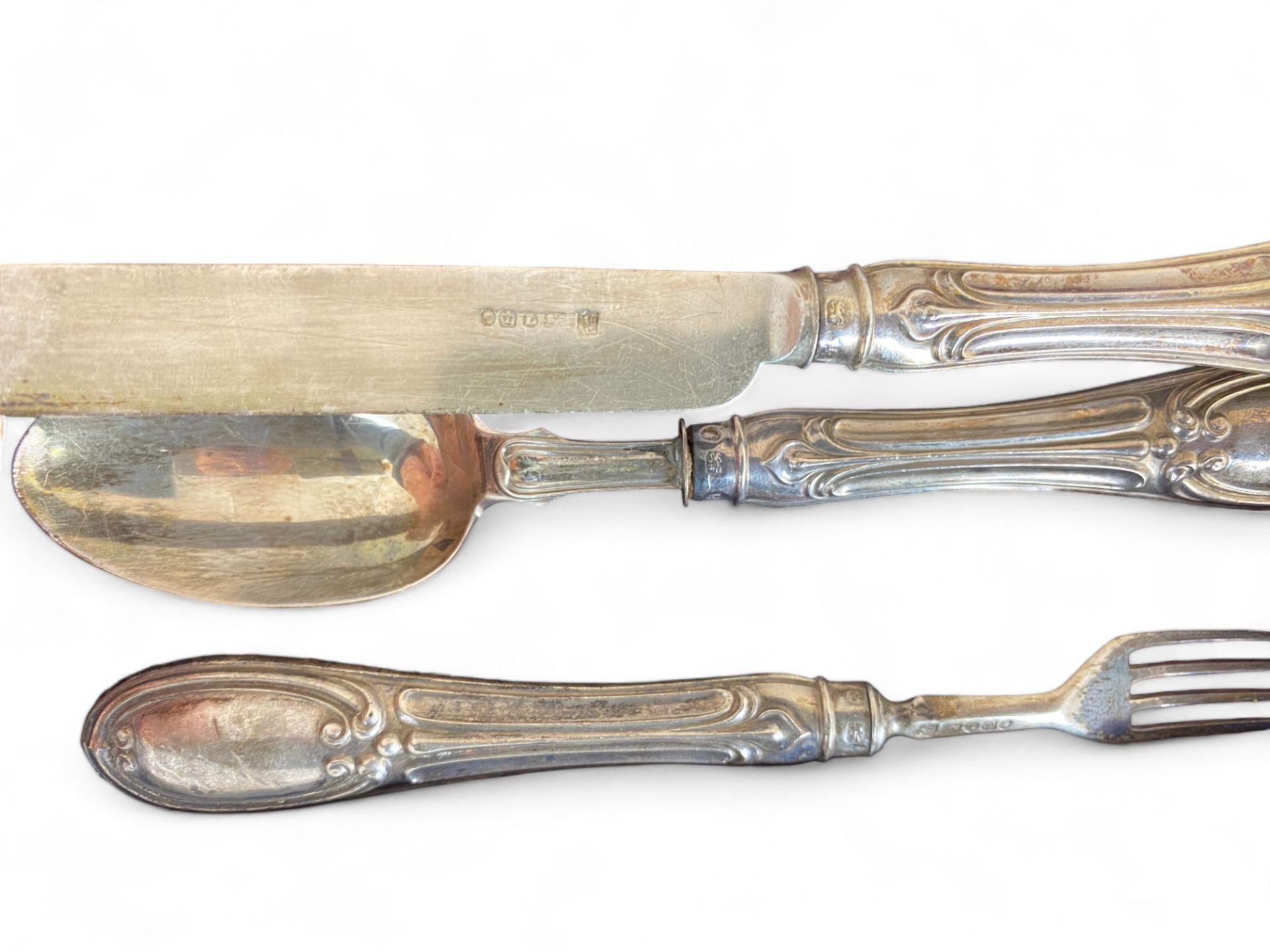 Two silver dishes, a cased set of silver child's cutlery, an early 20th century cased bone handled s - Image 9 of 16