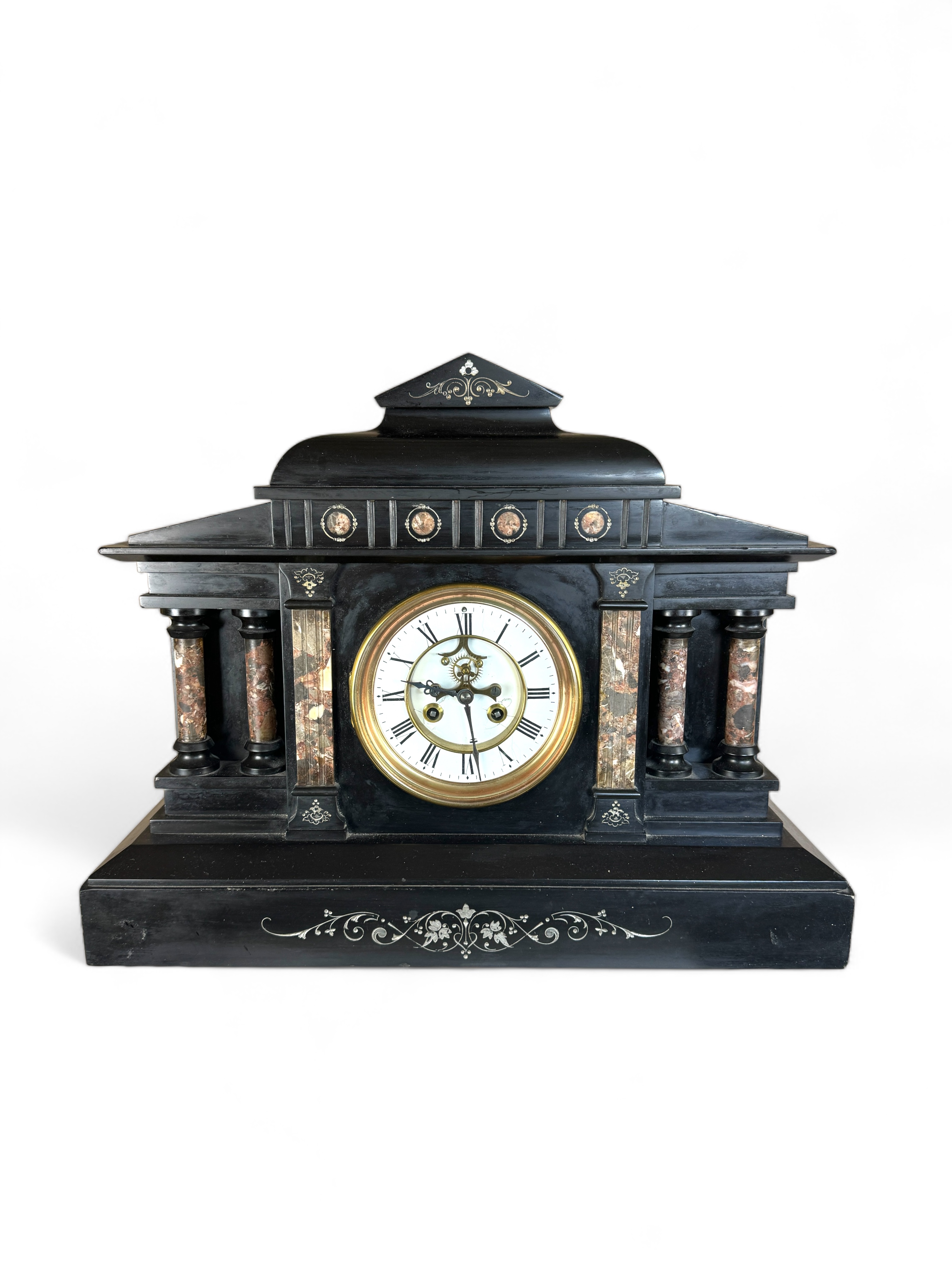 A large mid 19th century black slate and brescia marble mantel clock by Vincenti & Cie