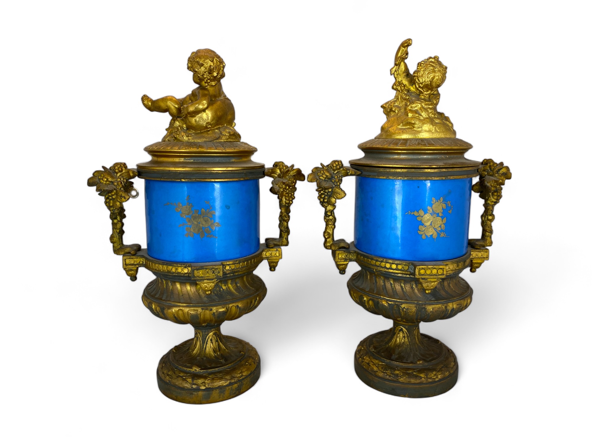 A pair of 19th century French gilt bronze mounted Sevres style turquoise glazed porcelain urns and c - Image 3 of 15