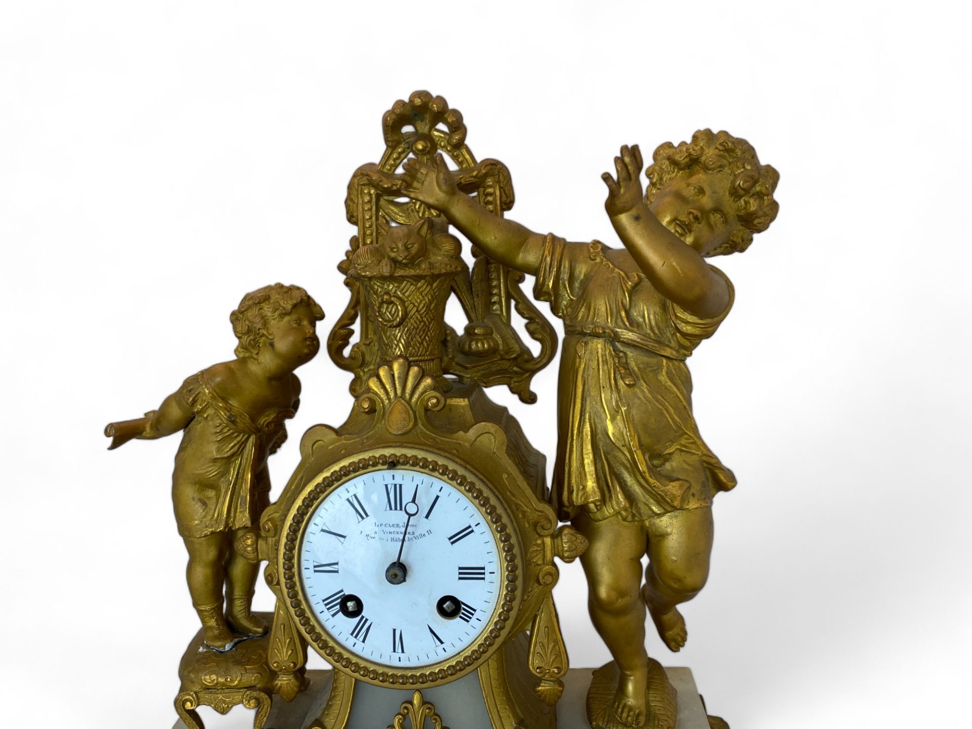 A late 19th century French gilt spelter and onyx figural mantel clock by Lecler, Jeune - Image 3 of 11