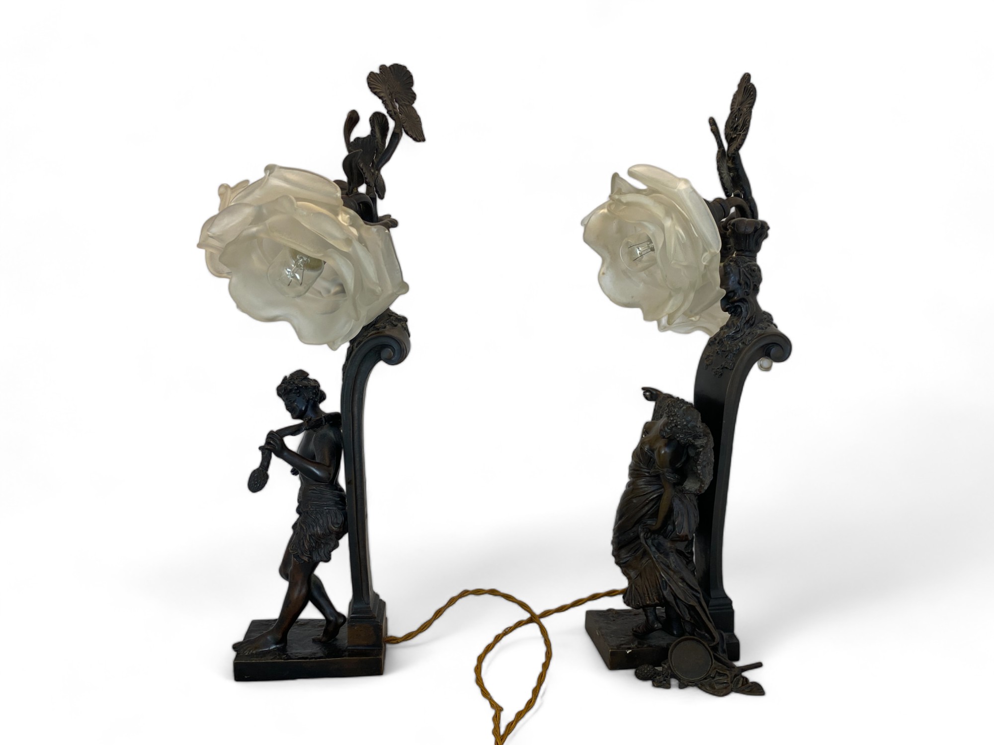 Antonio Pandiani, (Italian 1838-1928), A pair of late 19th century patinated bronze figural twin li - Image 3 of 10