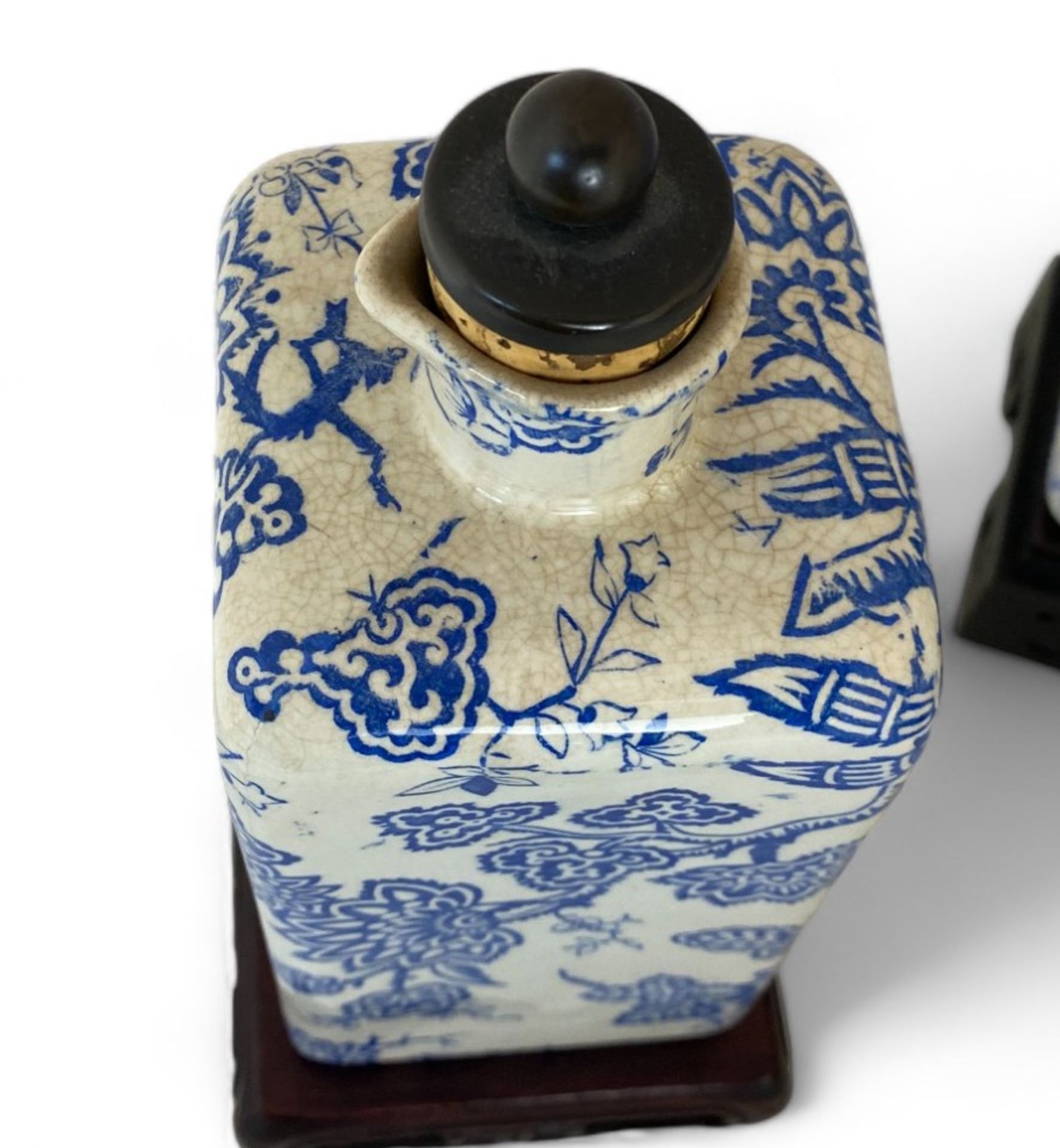 Two pairs of Liberty's blue and white foliate transfer printed bottles on Chinese hardwood stands - Image 7 of 7