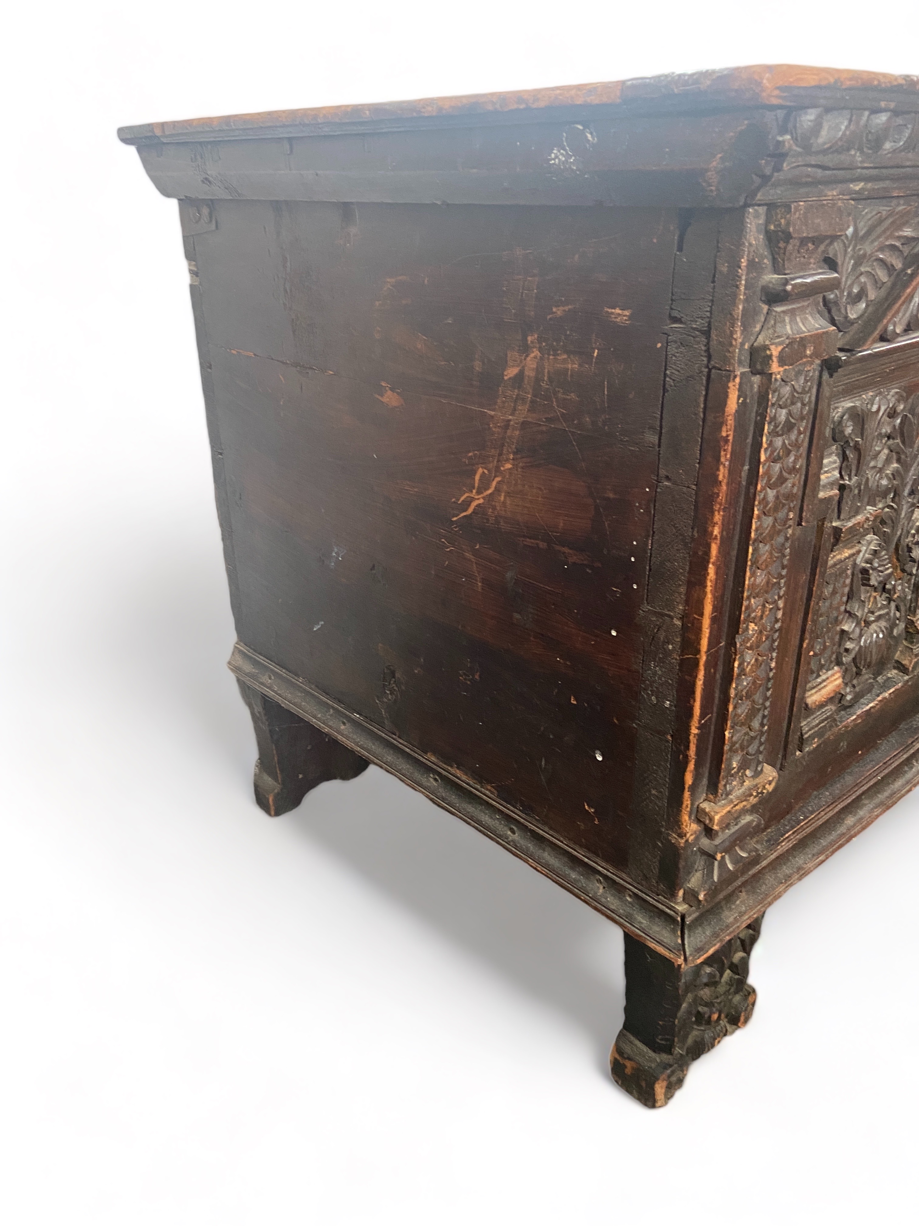 A large 17th century carved stained pine chest, Northern European - Image 6 of 6