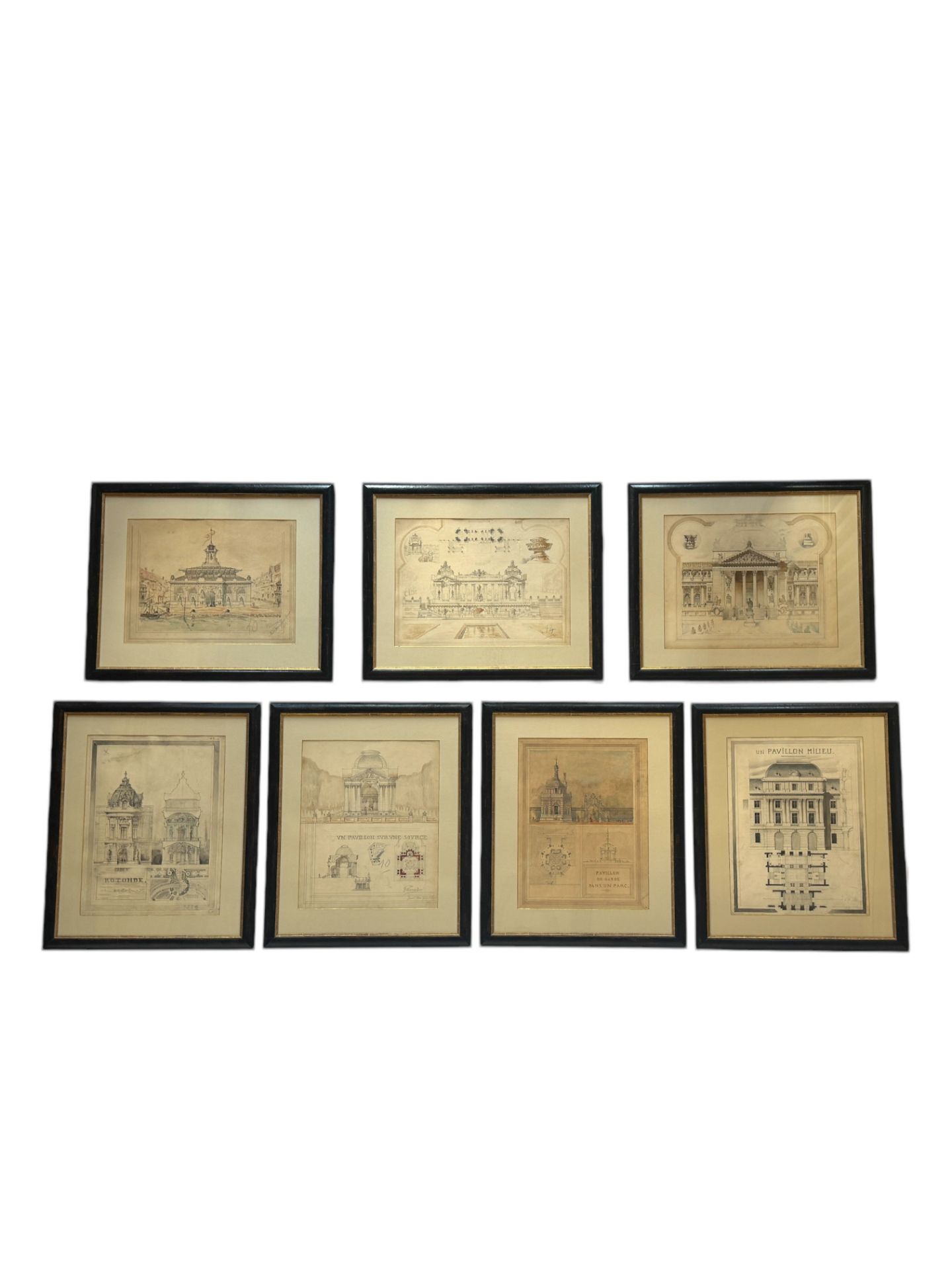 A set of seven large 19th century French architectural framed drawings by Jack Monod