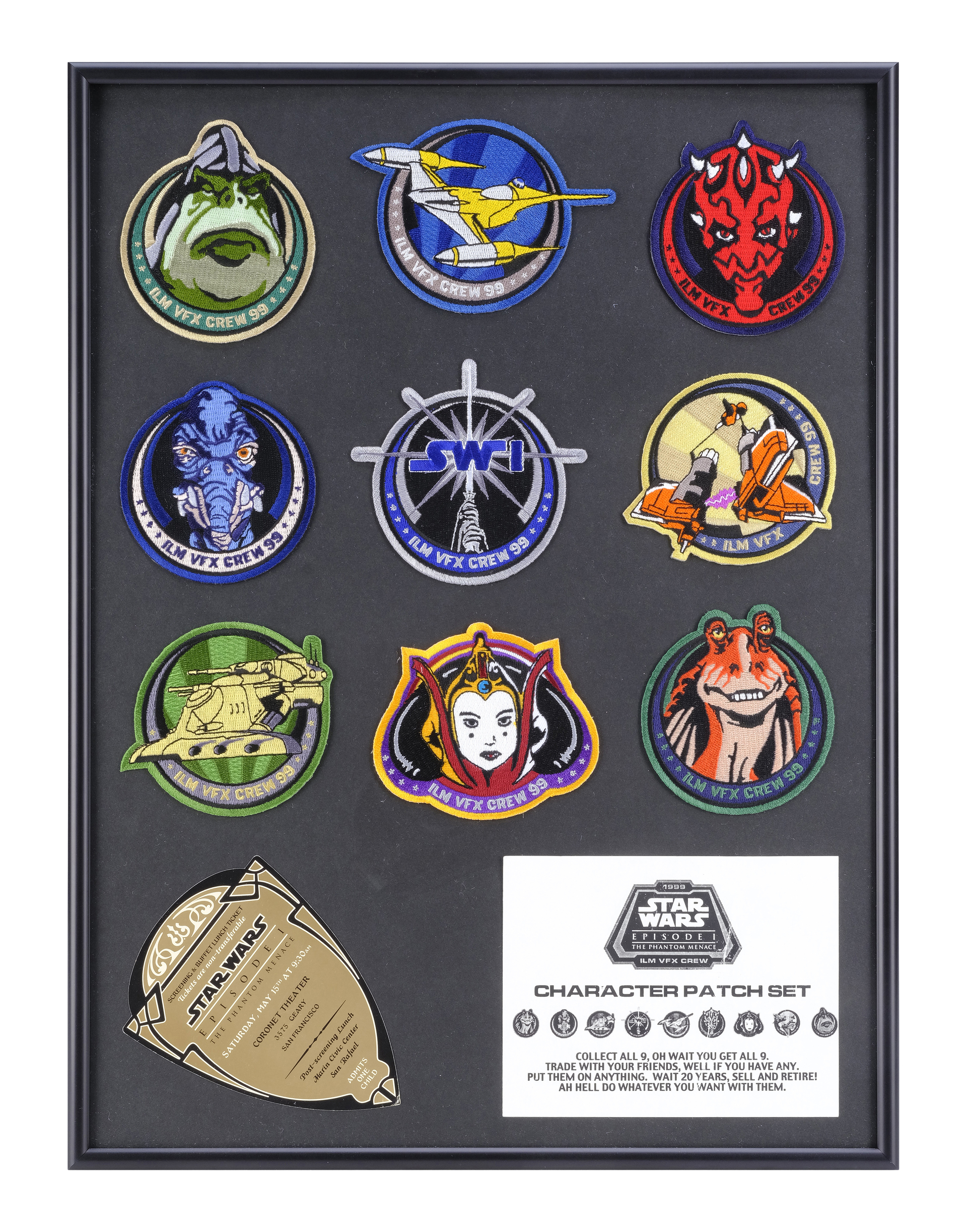 STAR WARS: THE PHANTOM MENACE (1999) - Framed Full Set of VFX Crew Patches