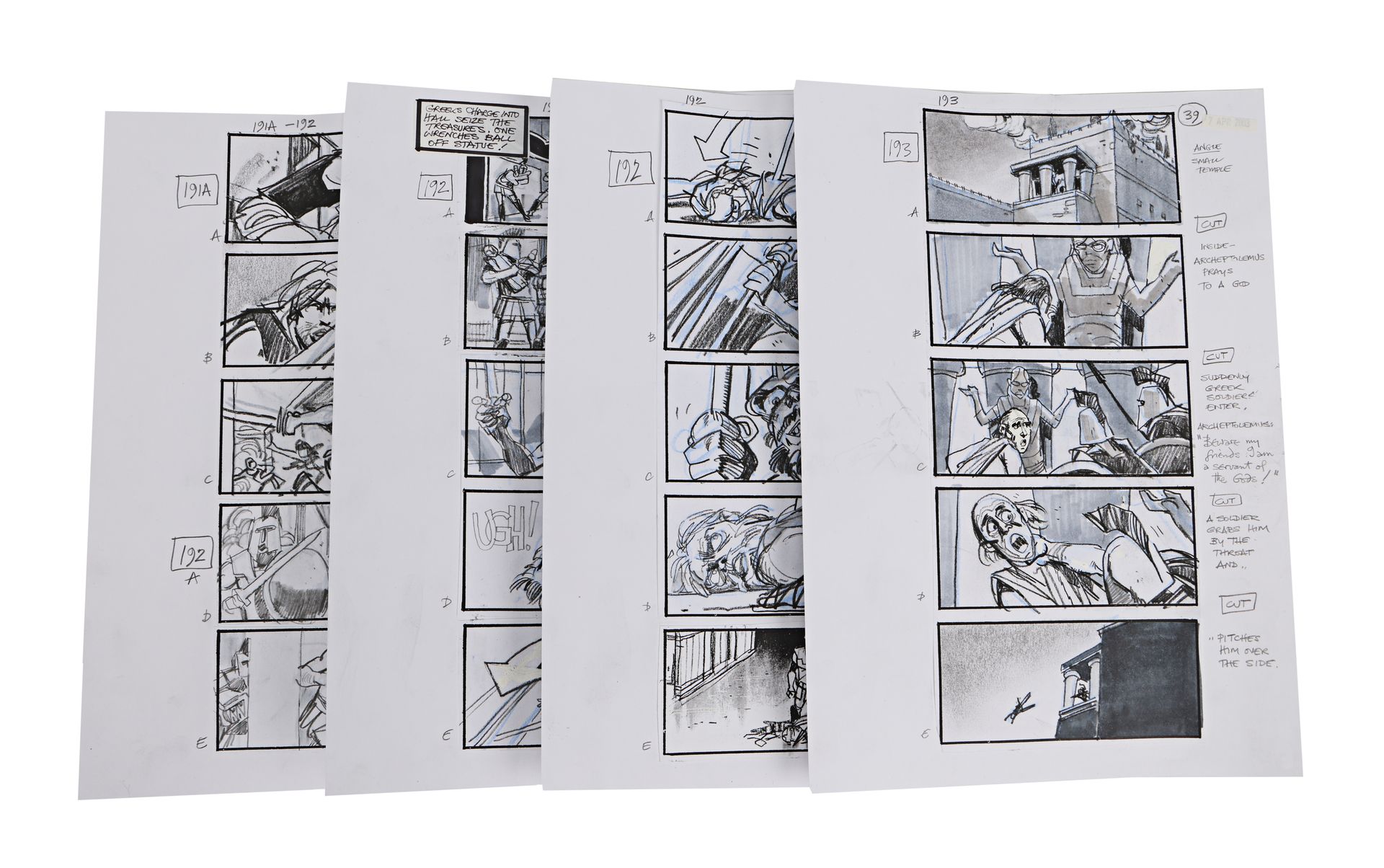 TROY (2004) - Set of Four Hand-Illustrated Storyboard Sheets