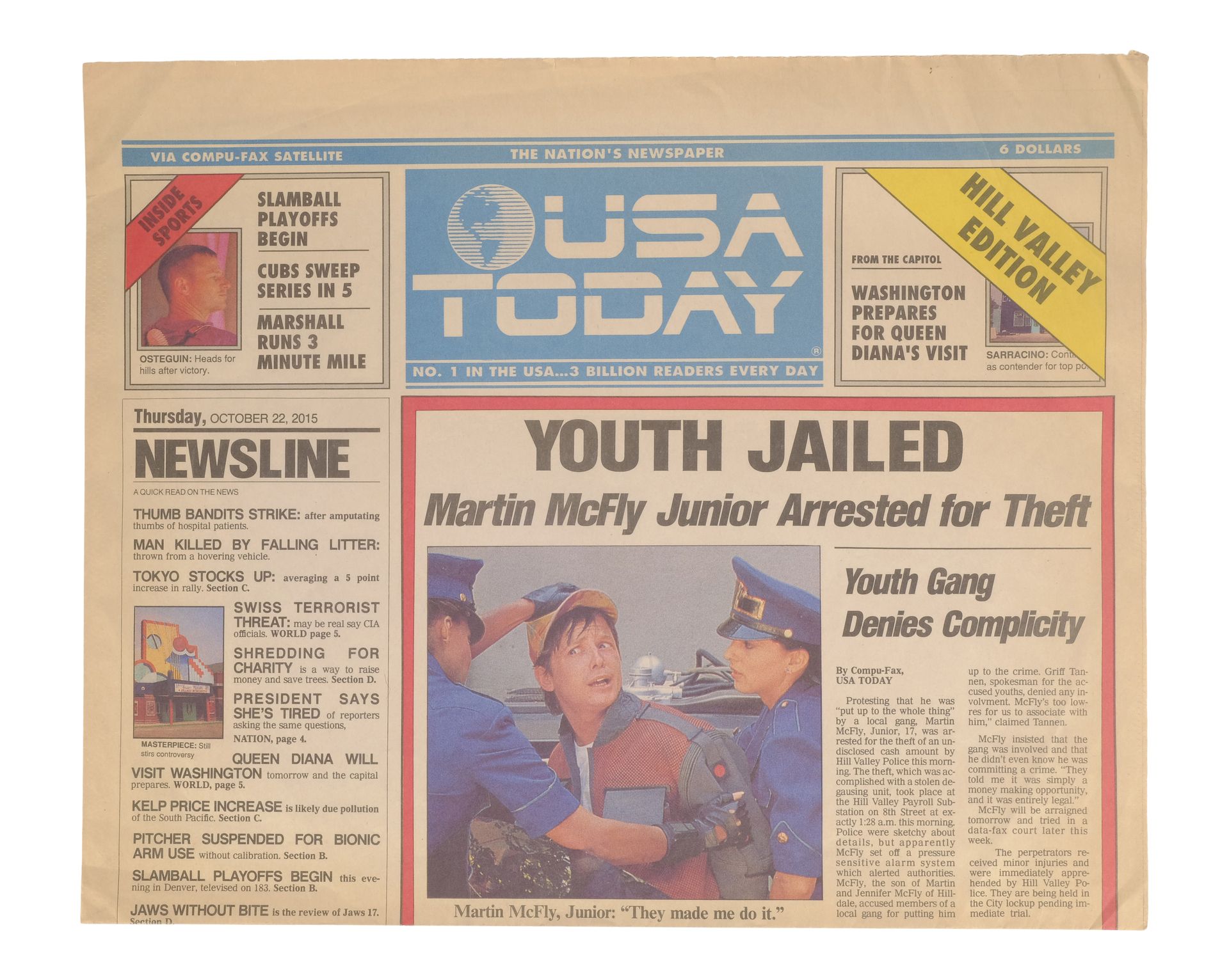 BACK TO THE FUTURE PART II (1989) - "Youth Jailed" USA Today Newspaper Cover