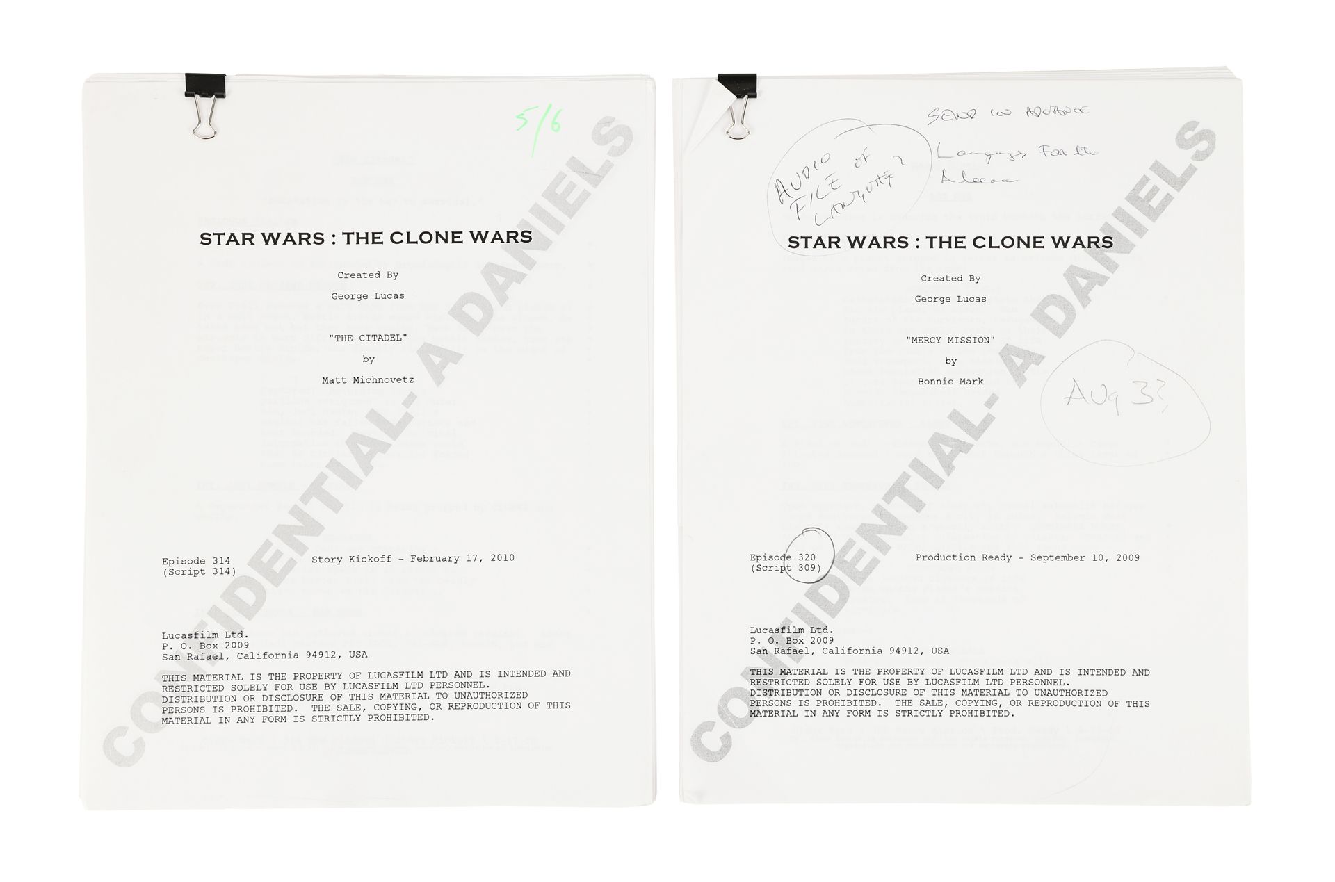 STAR WARS: THE CLONE WARS (2008-2020) - Anthony Daniels Collection: Pair of Anthony Daniels' Scripts