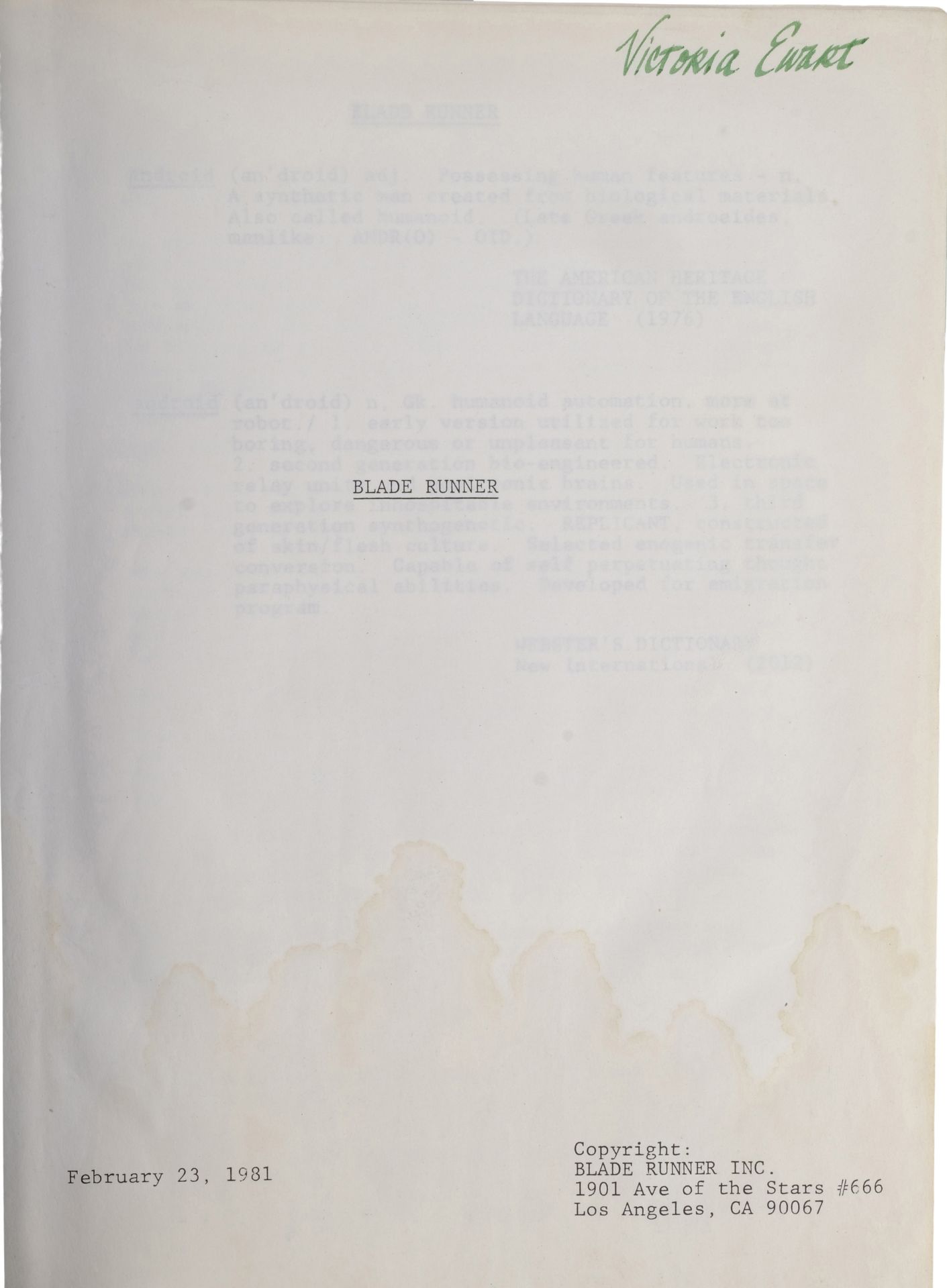 BLADE RUNNER (1982) - Producer's Assistant, Victoria Ewart's Personal Script - Image 2 of 8