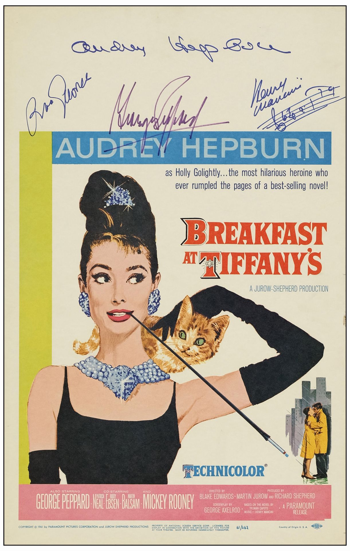 BREAKFAST AT TIFFANY'S - Window Card (14" x 22") Autographed by Audrey Hepburn, George Peppard, Henr