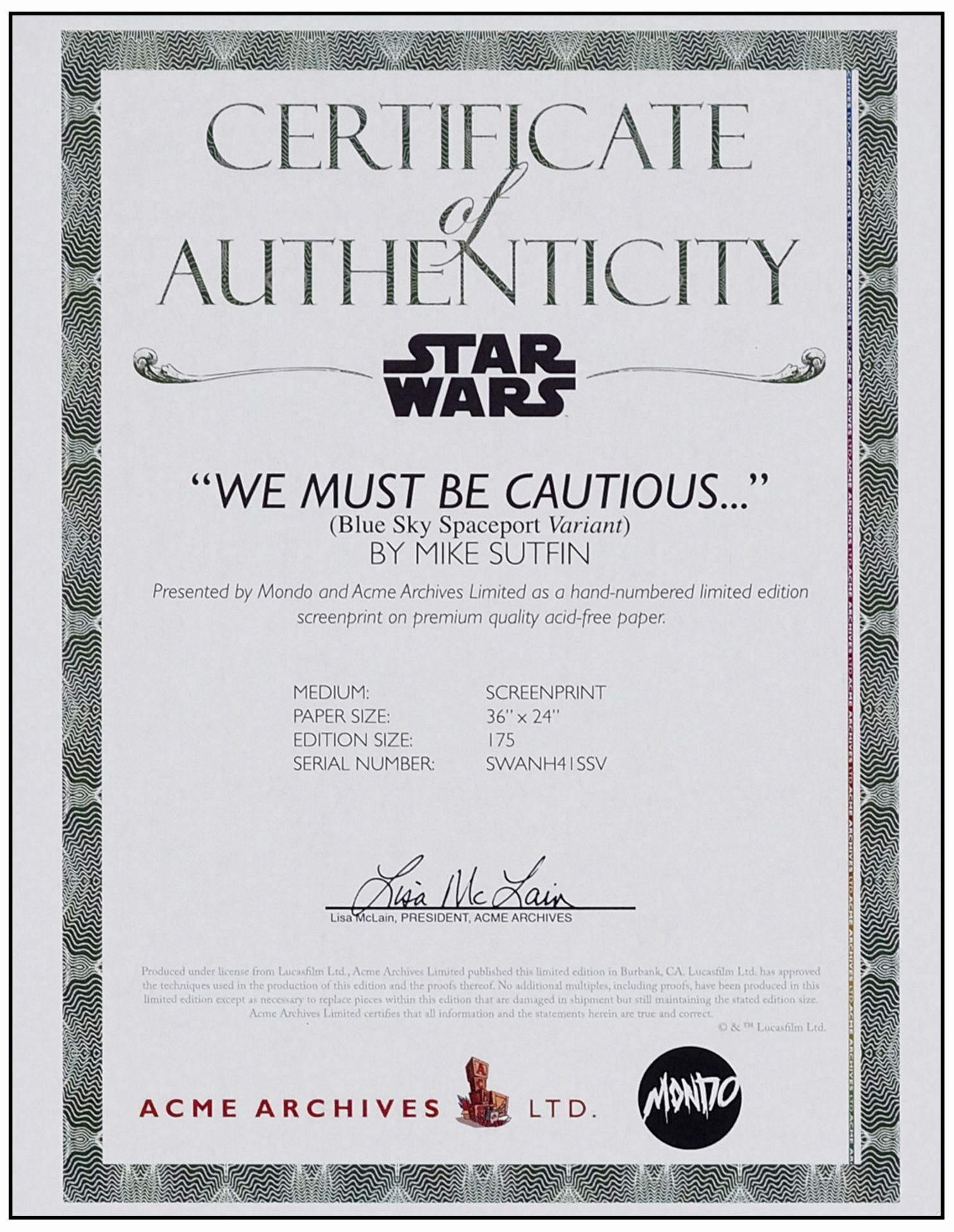 STAR WARS: A NEW HOPE - Art Print (24" x 36") Bluesky Spaceport Variant; "We Must be Cautious," 35/ - Image 2 of 2