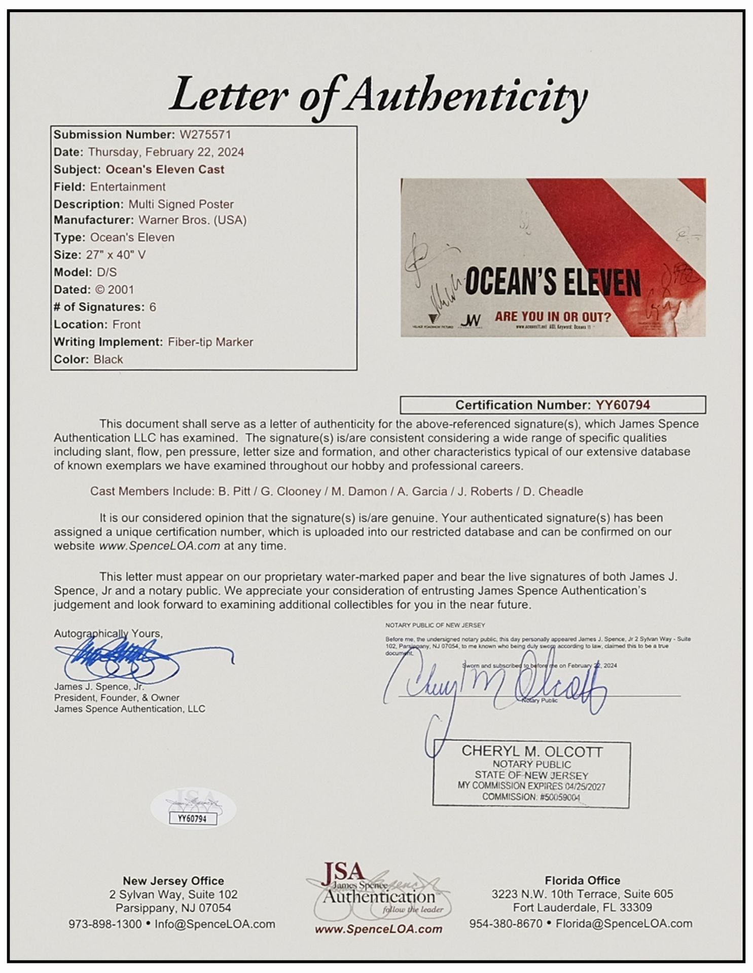OCEAN'S ELEVEN - One Sheet (27" x 40" ) Autographed by George Clooney, Brad Pitt, Julia Roberts, Ma - Bild 2 aus 2