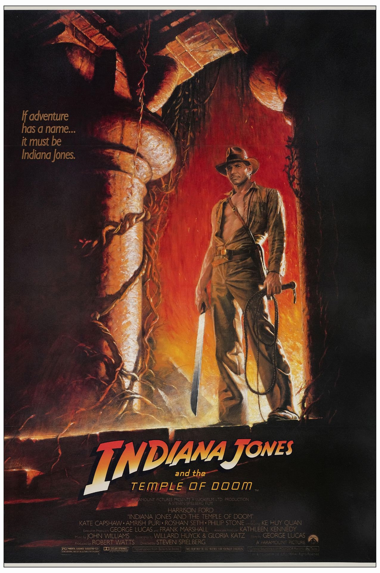 INDIANA JONES AND THE TEMPLE OF DOOM - One Sheet (27" x 41"); Very Fine- on Linen