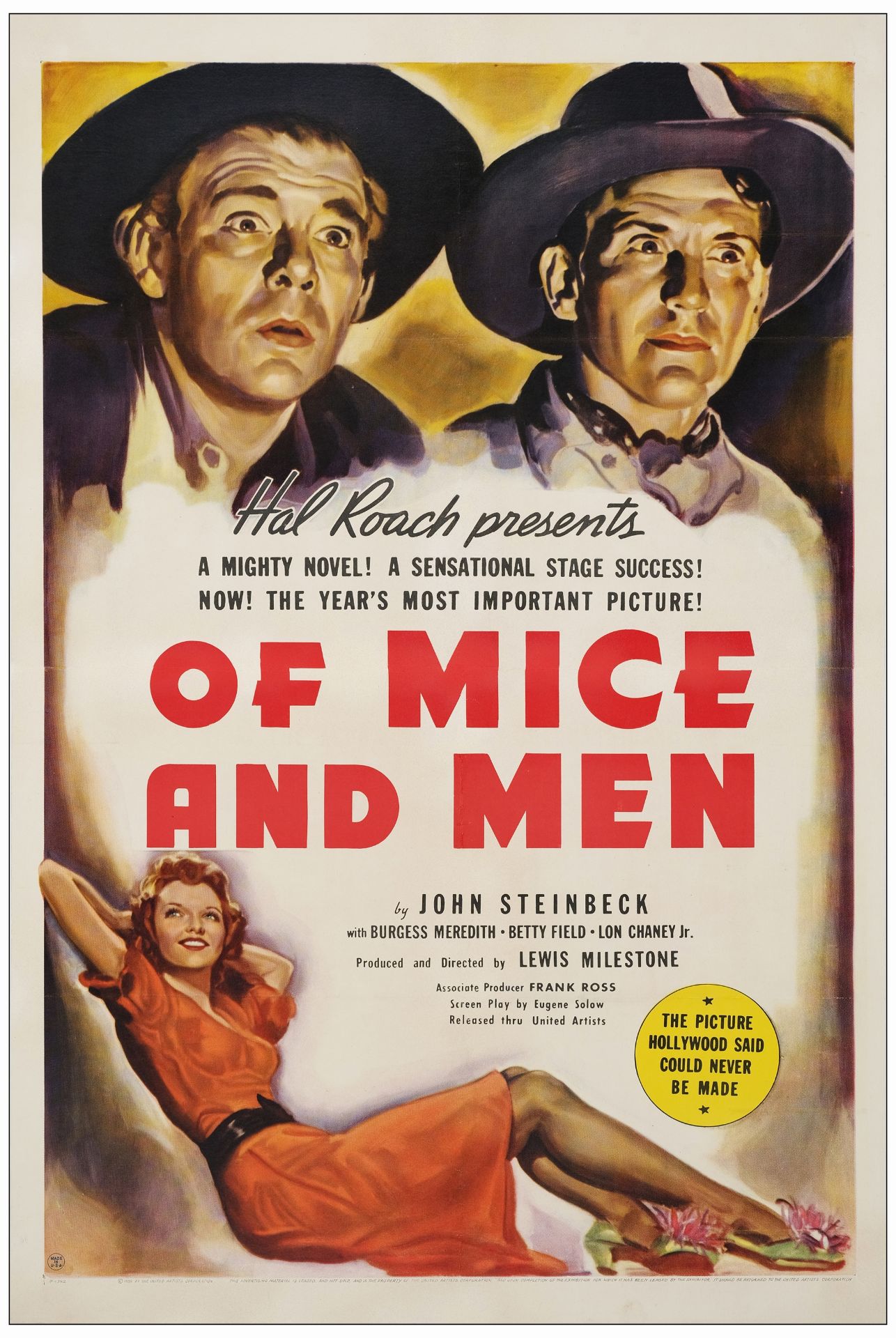 OF MICE AND MEN - One Sheet (27" x 41"); Very Fine- on Linen