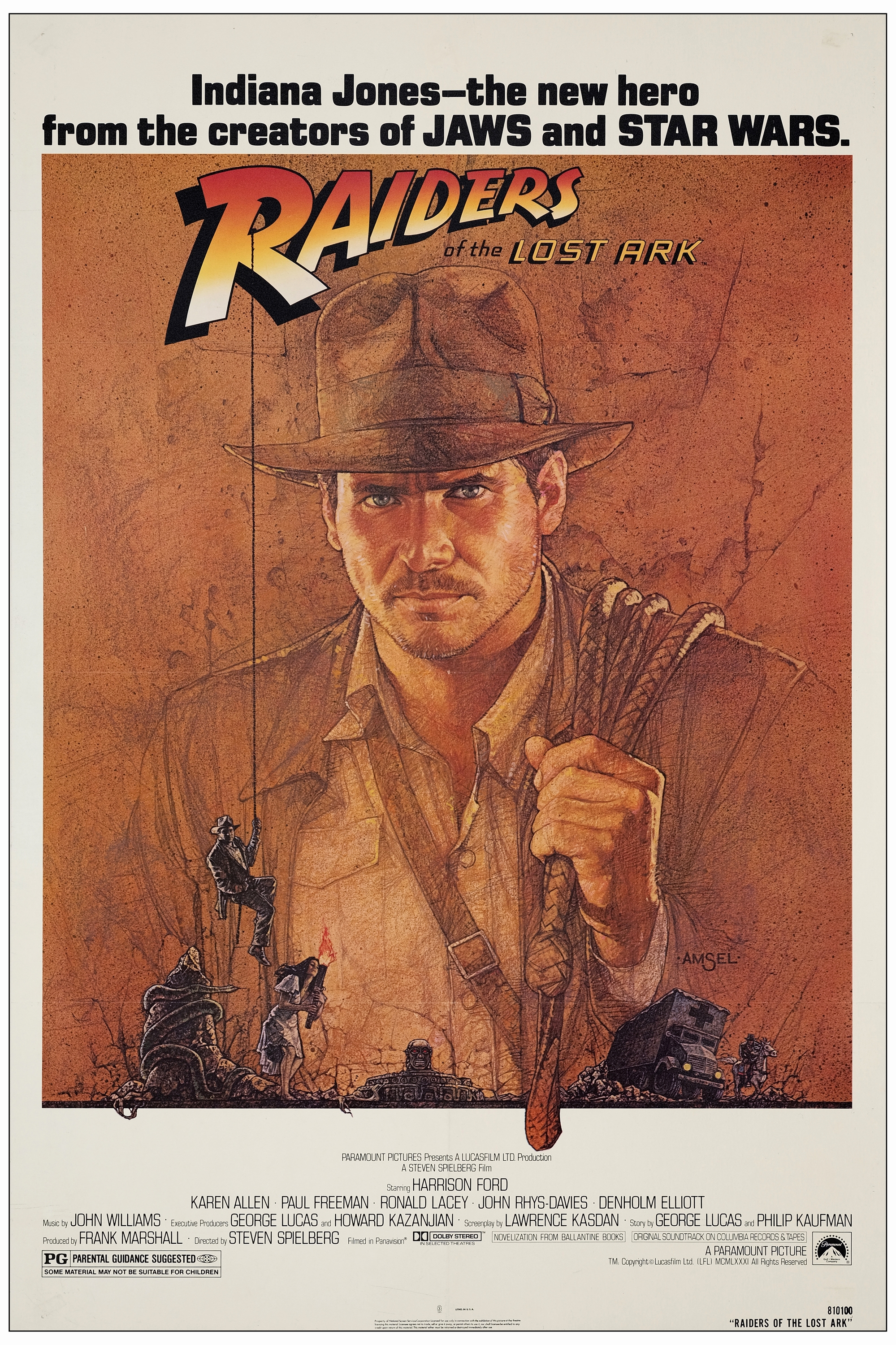 INDIANA JONES AND THE RAIDERS OF THE LOST ARK - One Sheet (27" x 41"); Very Fine+ on Linen