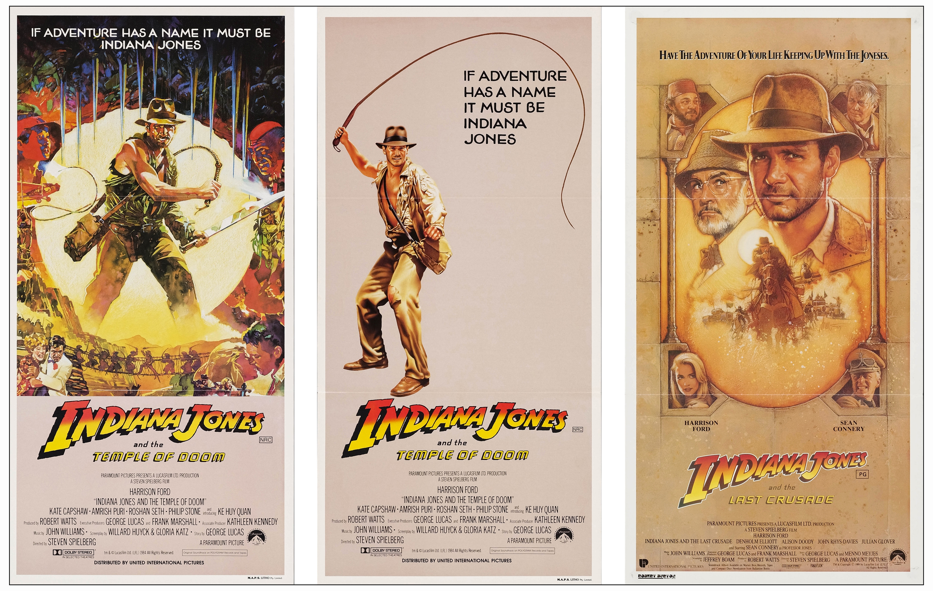 INDIANA JONES AND THE TEMPLE OF DOOM - Australian Daybills (3) (13.25" x 27" & 13.25" x 25.5"); Near