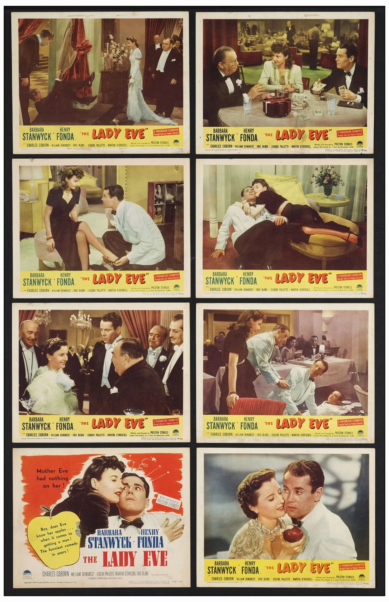 THE LADY EVE - Lobby Card Set of (8) (11" x 14"); Very Fine-