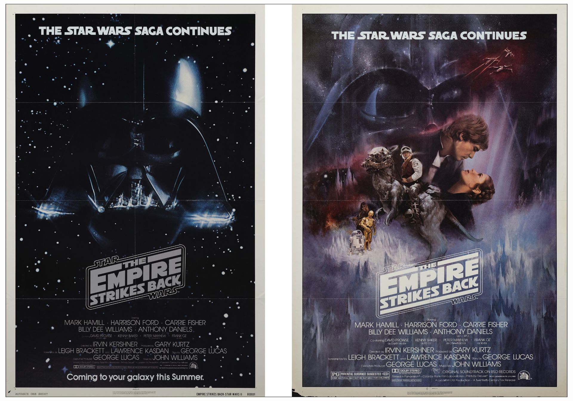 STAR WARS: THE EMPIRE STRIKES BACK - One Sheets (2) (27" x 41"); Style A and Advance; Fine+ Folded
