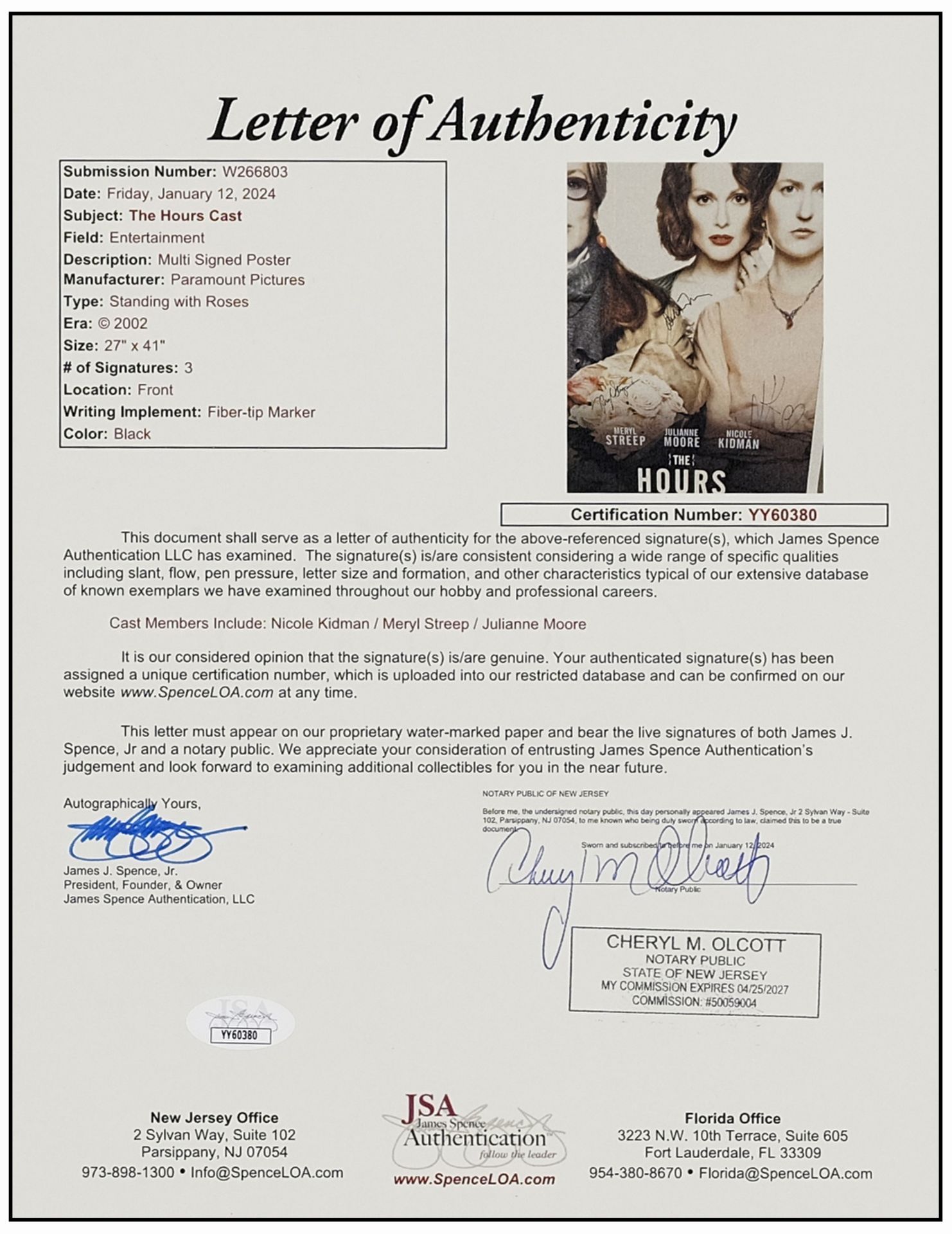 THE HOURS - One Sheet (27" x 41" ) Autographed by Julianne Moore, Meryl Streep, Nicole Kidman. (JSA - Image 2 of 2