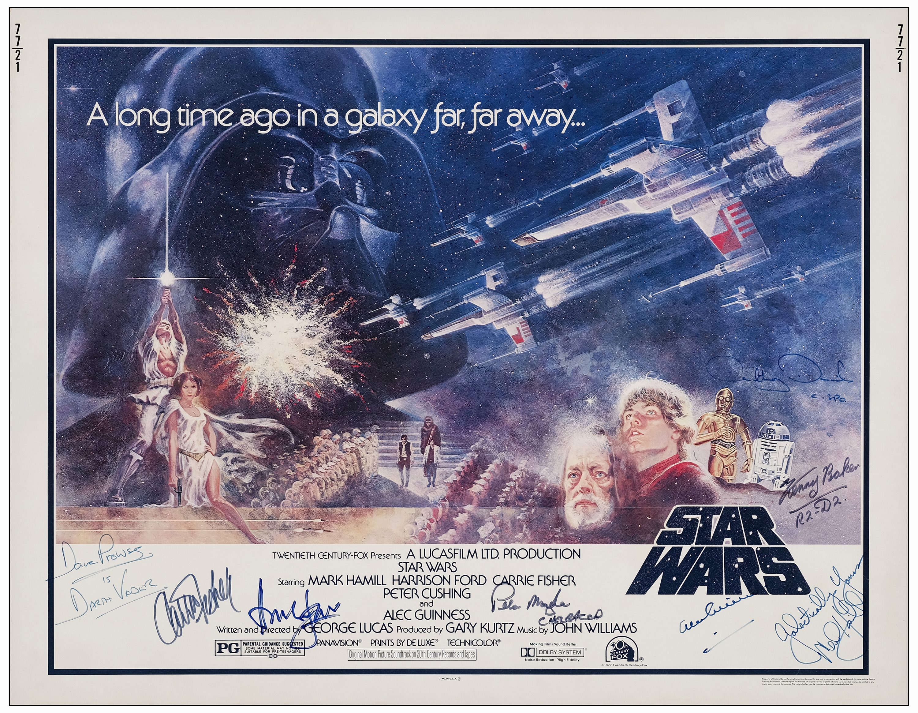 STAR WARS: A NEW HOPE - Half Sheet (22" x 28") (JSA COA)Autographed by Alec Guinness, Mark Hamill, C