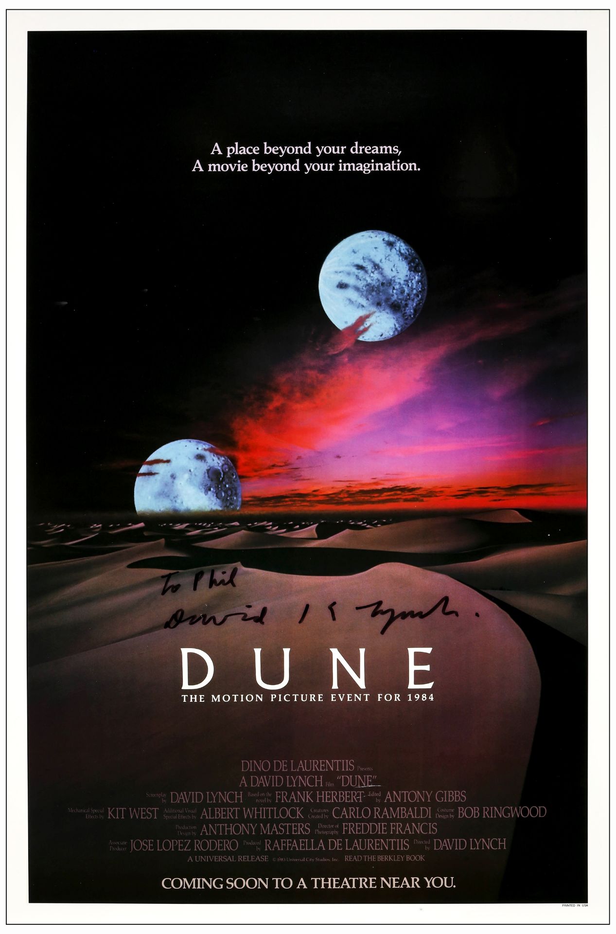 DUNE - One Sheet (27" x 41" ) Autographed by David Lynch; Advance; Very Fine- Rolled