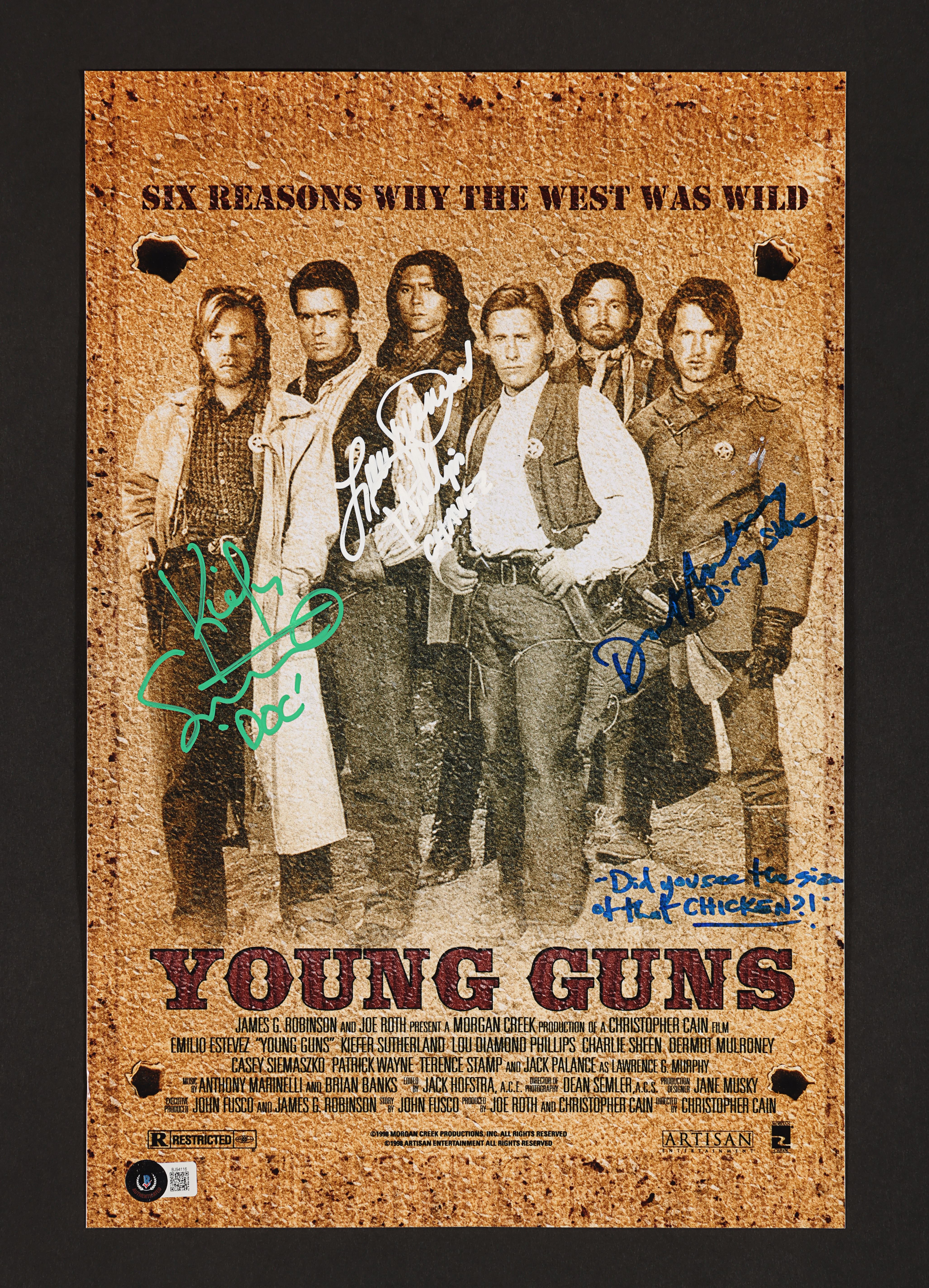 YOUNG GUNS (1988) - Kiefer Sutherland, Lou Diamond Phillips and Dermot Mulroney Autographed Mini Pos