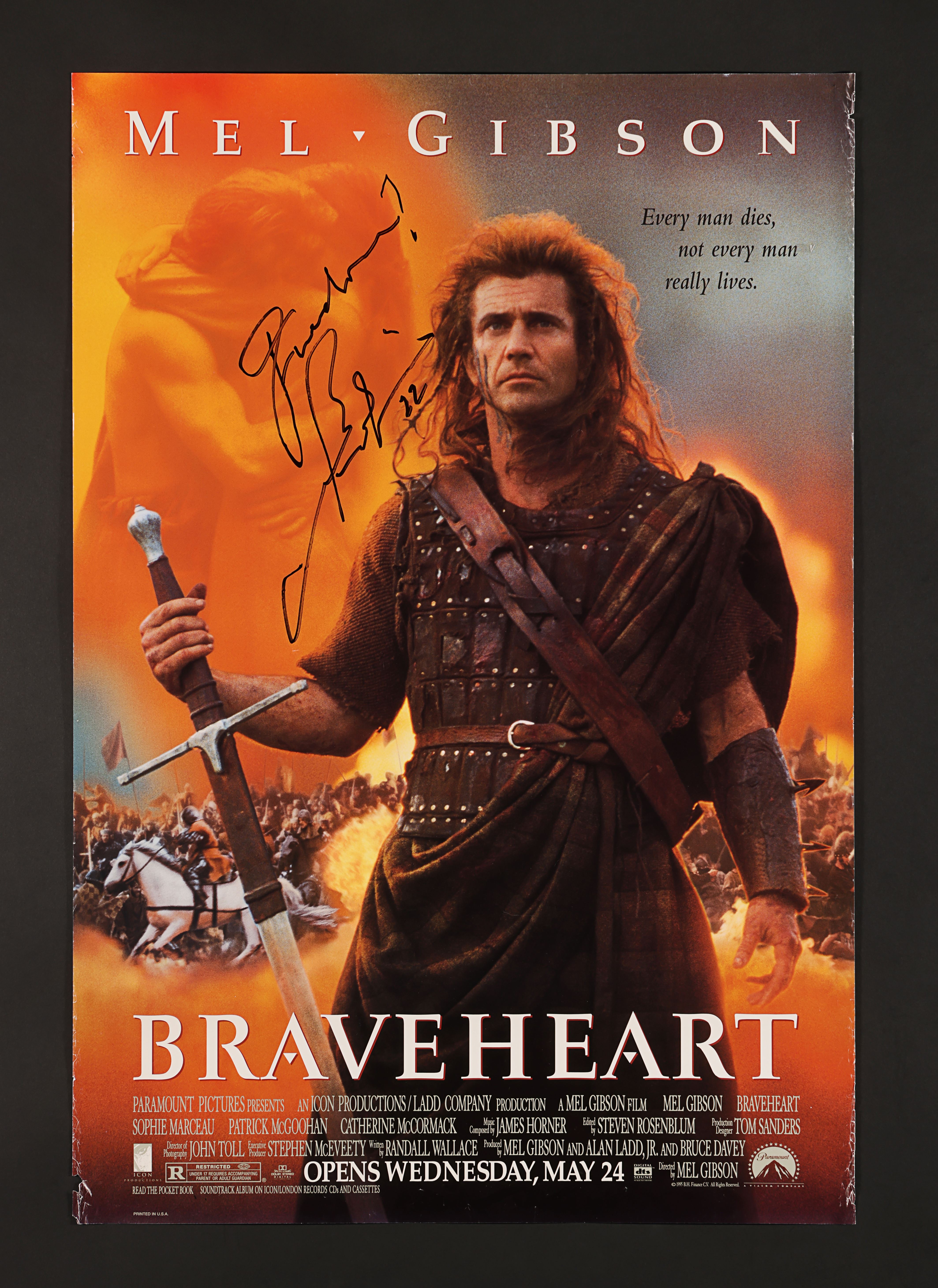 BRAVEHEART (1995) - Mel Gibson Autographed US One-Sheet, 1995