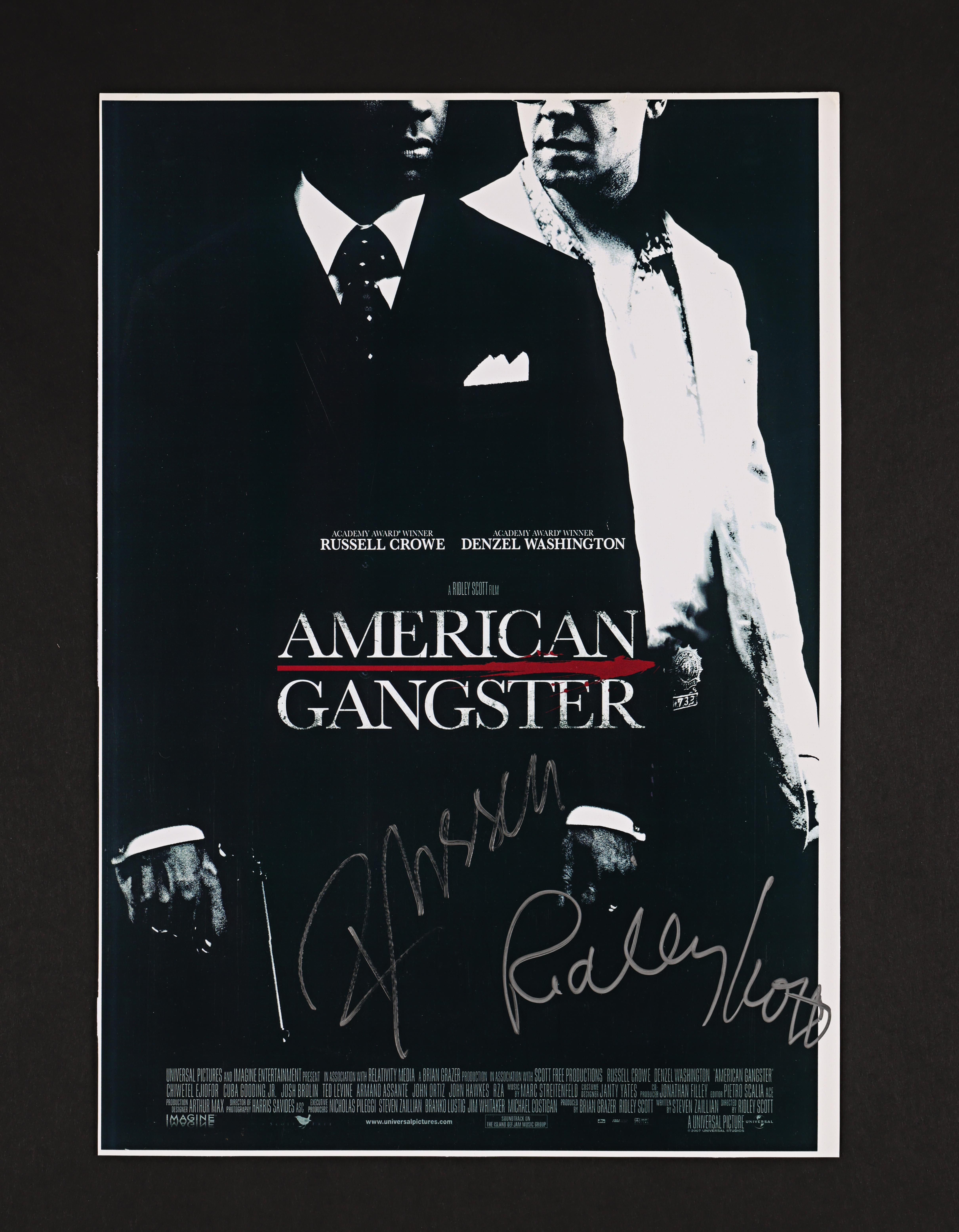 AMERICAN GANGSTER (2007) - Ridley Scott and Russell Crowe Autographed Mini Poster