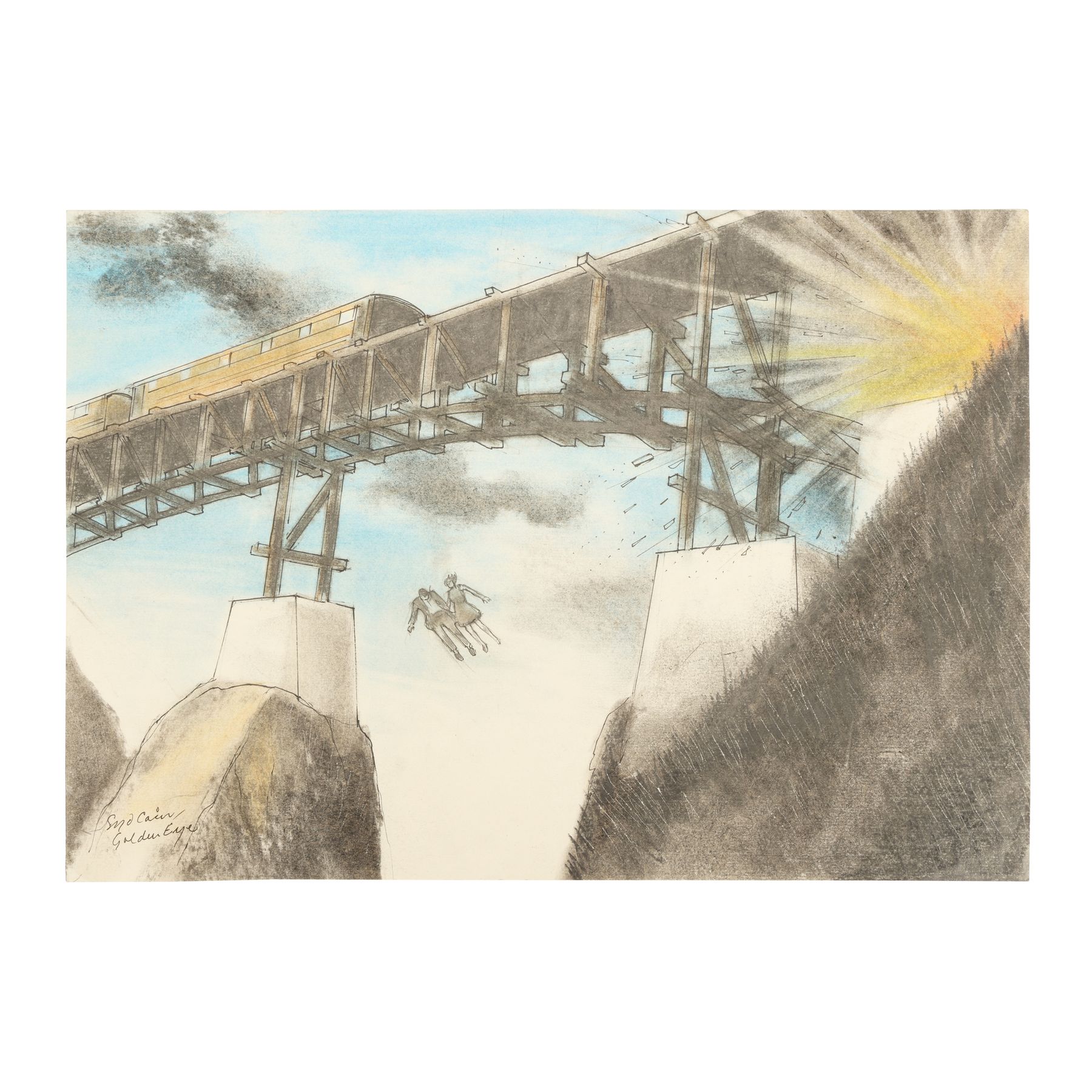 JAMES BOND: GOLDENEYE (1995) - Hand-Drawn Syd Cain Train and Bridge Artwork - Image 2 of 6