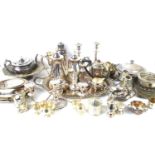 A large collection of silver plated items to include, tea and coffee pots, trays, sugar sifter,