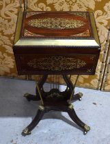 A Regency rosewood and brass inlaid teapoy on stand, the sarcophagus shaped teapoy with brass