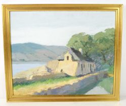 J. N. Guillou (20th century French): a cottage by a lakeside, oil on panel, signed bottom left, 37