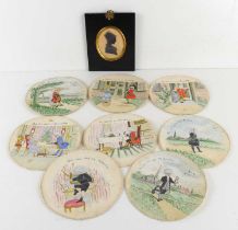 A set of eight hand painted silk roundels, depicting Tom Tom of Islington, each depicting a