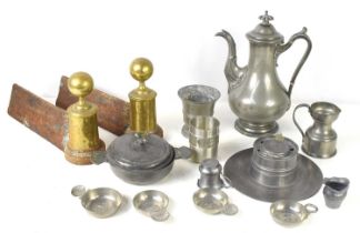 A group of antique pewter ware to include an inkwell and coffee pot together with a pair of brass