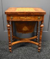 A Victorian walnut games table with chess board top, 72cm high by 56cm by 39cm.